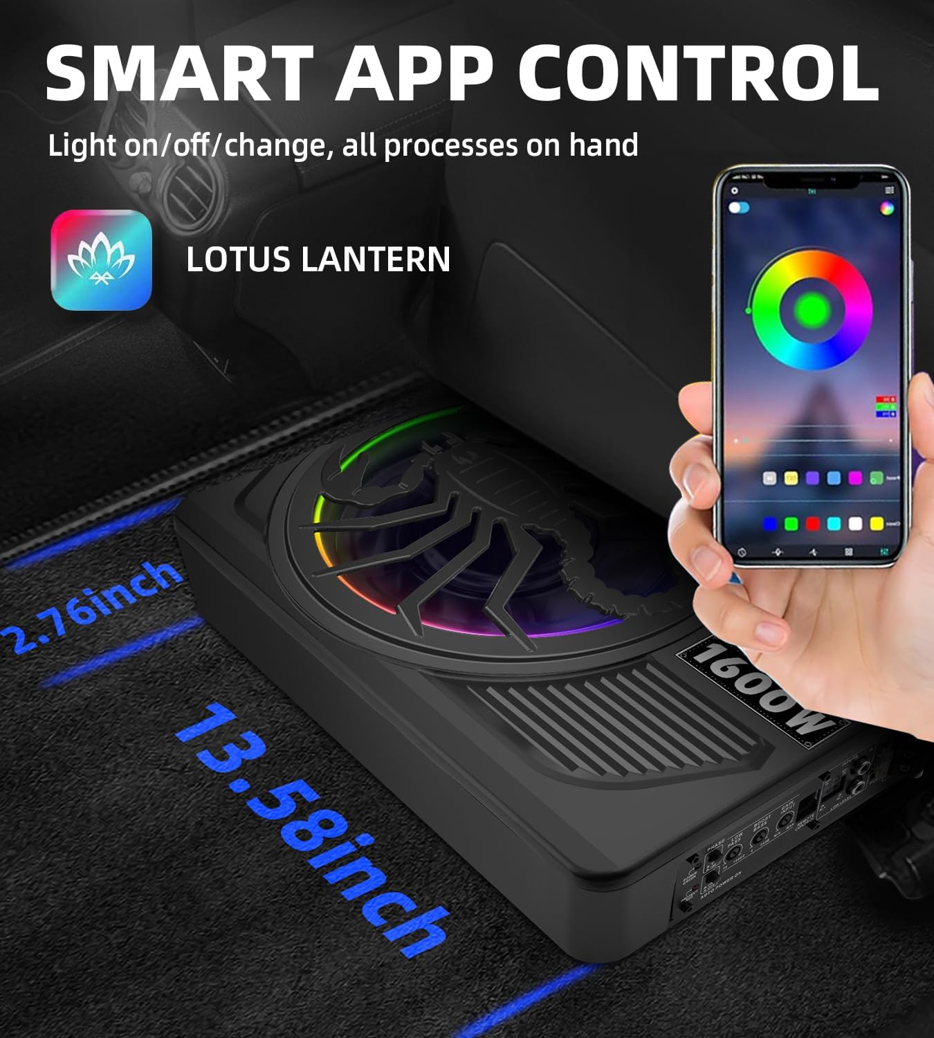 2026 Upgraded 1600W Slim Underseat Car Subwoofer and Amp Package with RGB Beat-Synced Light, Individual Control for Low Pass/Gain/Boost Bass, Clean Deep Bass Perfect for Truck, SUV, Jeep