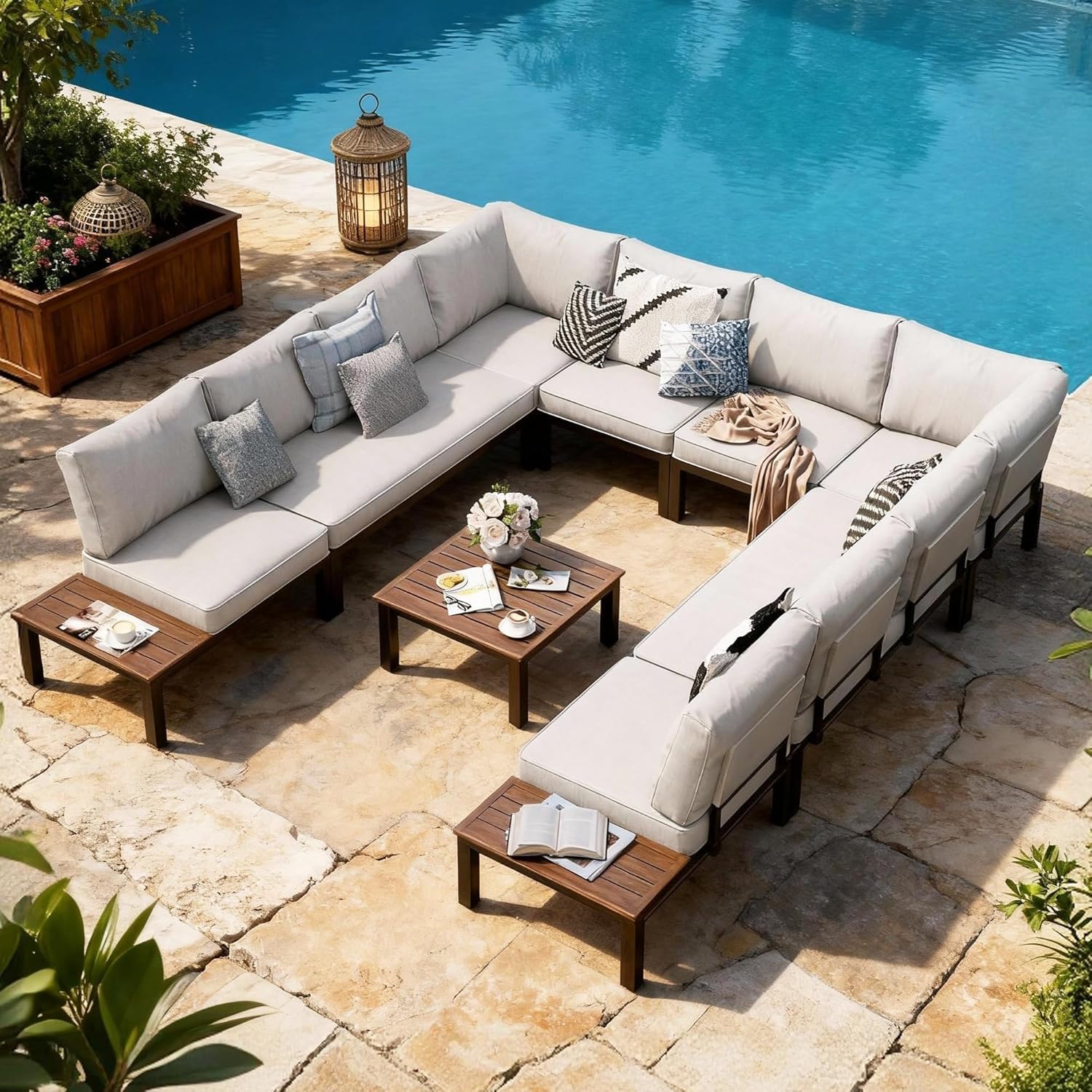 Sophia & William 9PCS Patio Furniture Set, Metal Outdoor Sectional Sofa Patio Conversation Set-2 Single Sofa with Side Table, 4 Single Couch, 2 Loveseat, 1 Tea Table