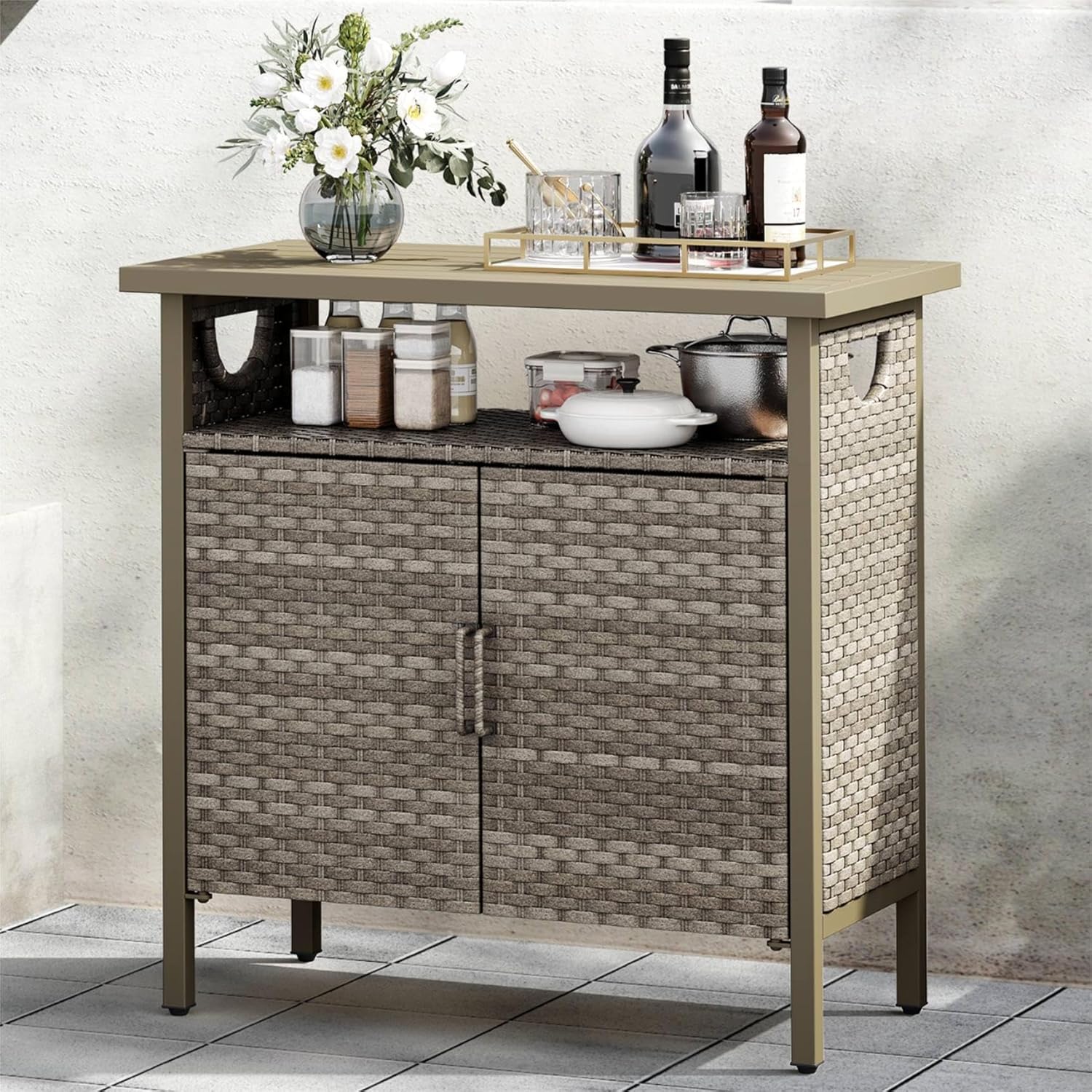 YITAHOME Outdoor Storage Cabinet, Patio Deck Bench Storage Table, Wicker Storage Console Bench for Outdoor Cushions, Pool Tool and Garden Potting, Brown