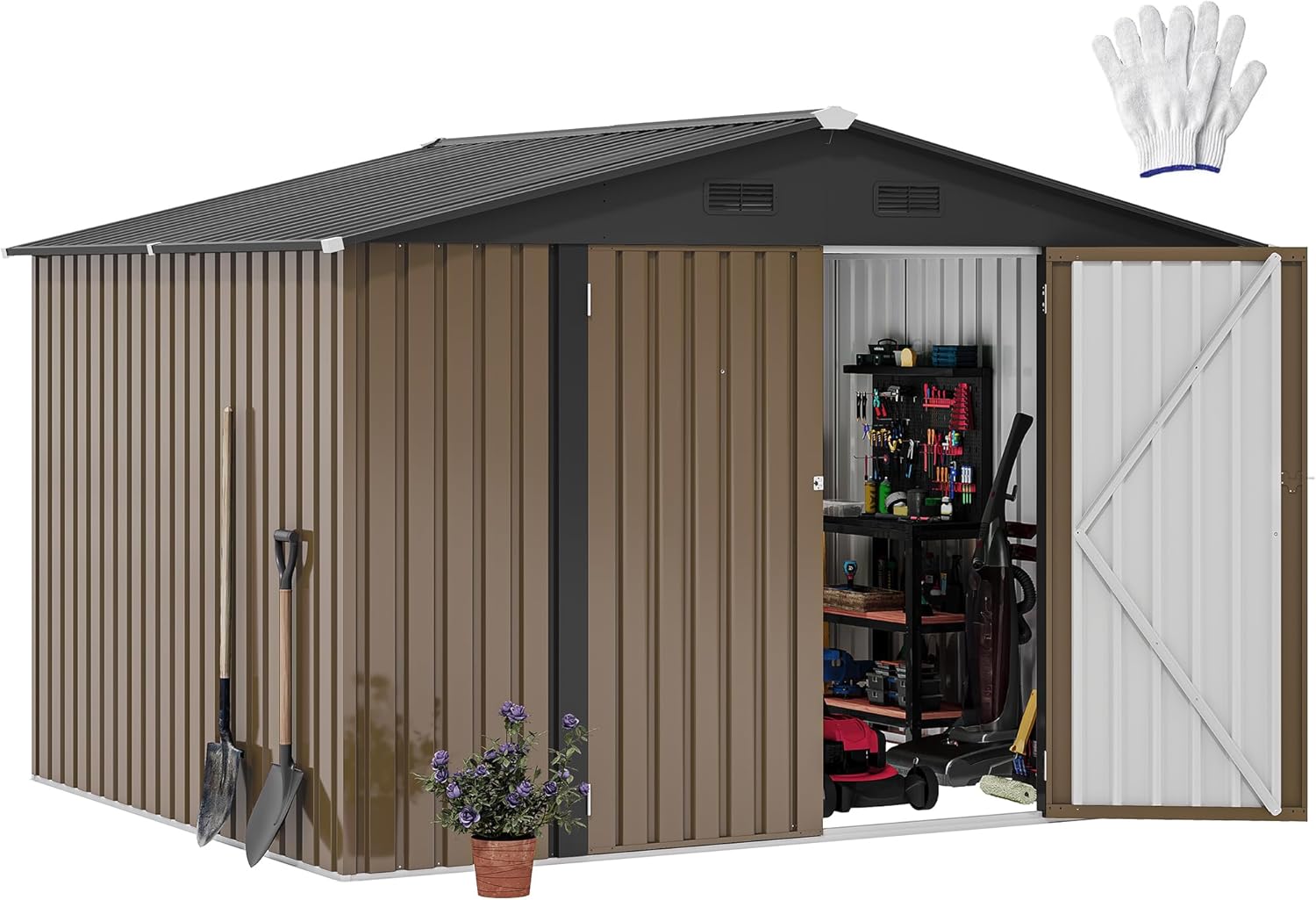 DWVO 10'x8' Large Metal Outdoor Storage Shed, Heavy Duty Tool Storage Sheds for Backyard Patio Lawn - Ideal for Bicycles, Garden Tools, and Lawn Equipment, Easy-to-Assemble, Brown