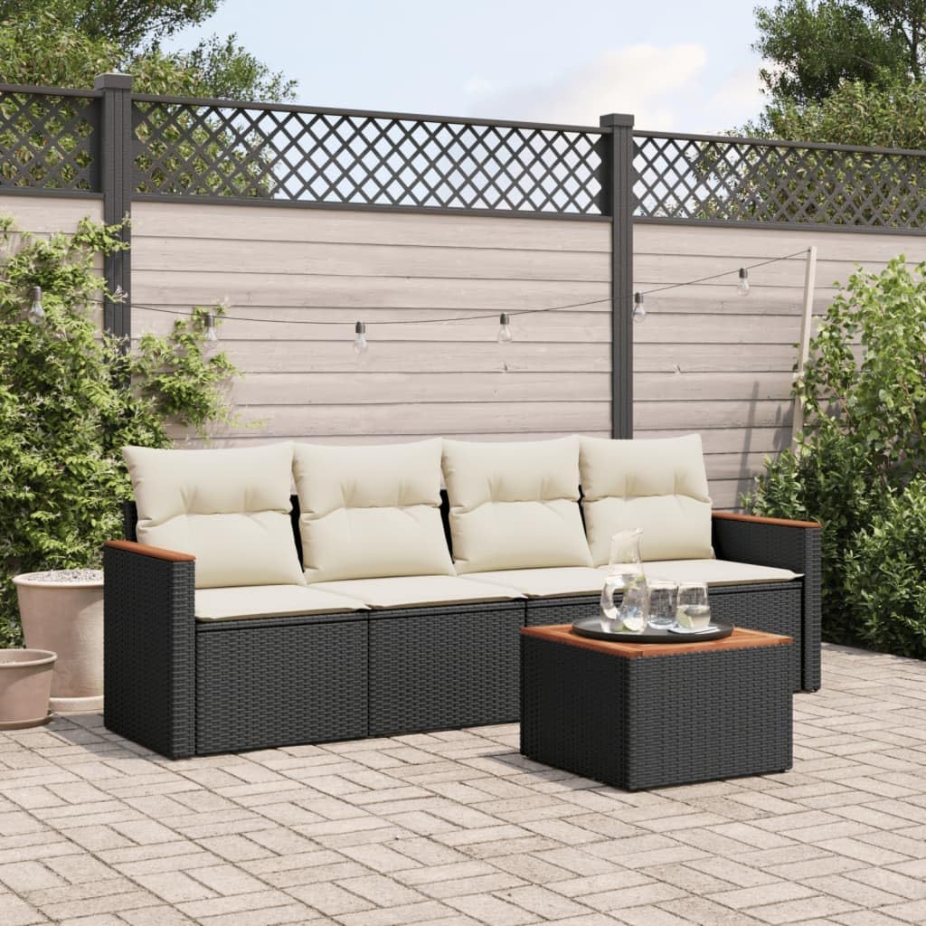 5-Piece Garden Sofa Set, Black PE Rattan, Medium, Removable Cream Cushions, Outdoor Patio Furniture, Weather-Resistant Balcony Seating