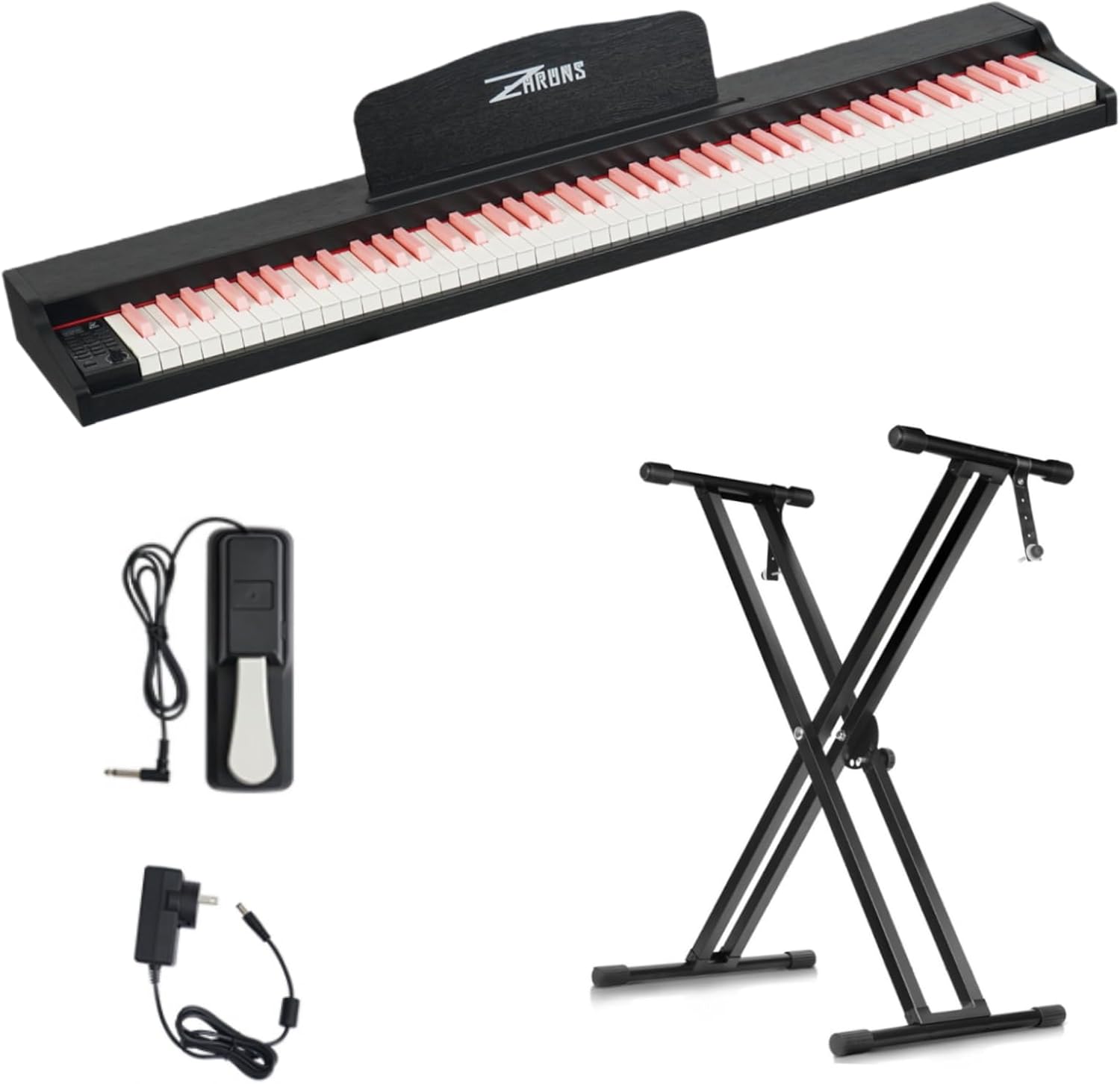 ZHRUNS 88 Key Weighted Keyboard Piano with X-Shape Stand, Sustain Pedal, Power Adapter & Sheet Music Stand - Home Digital Piano, Black Pink