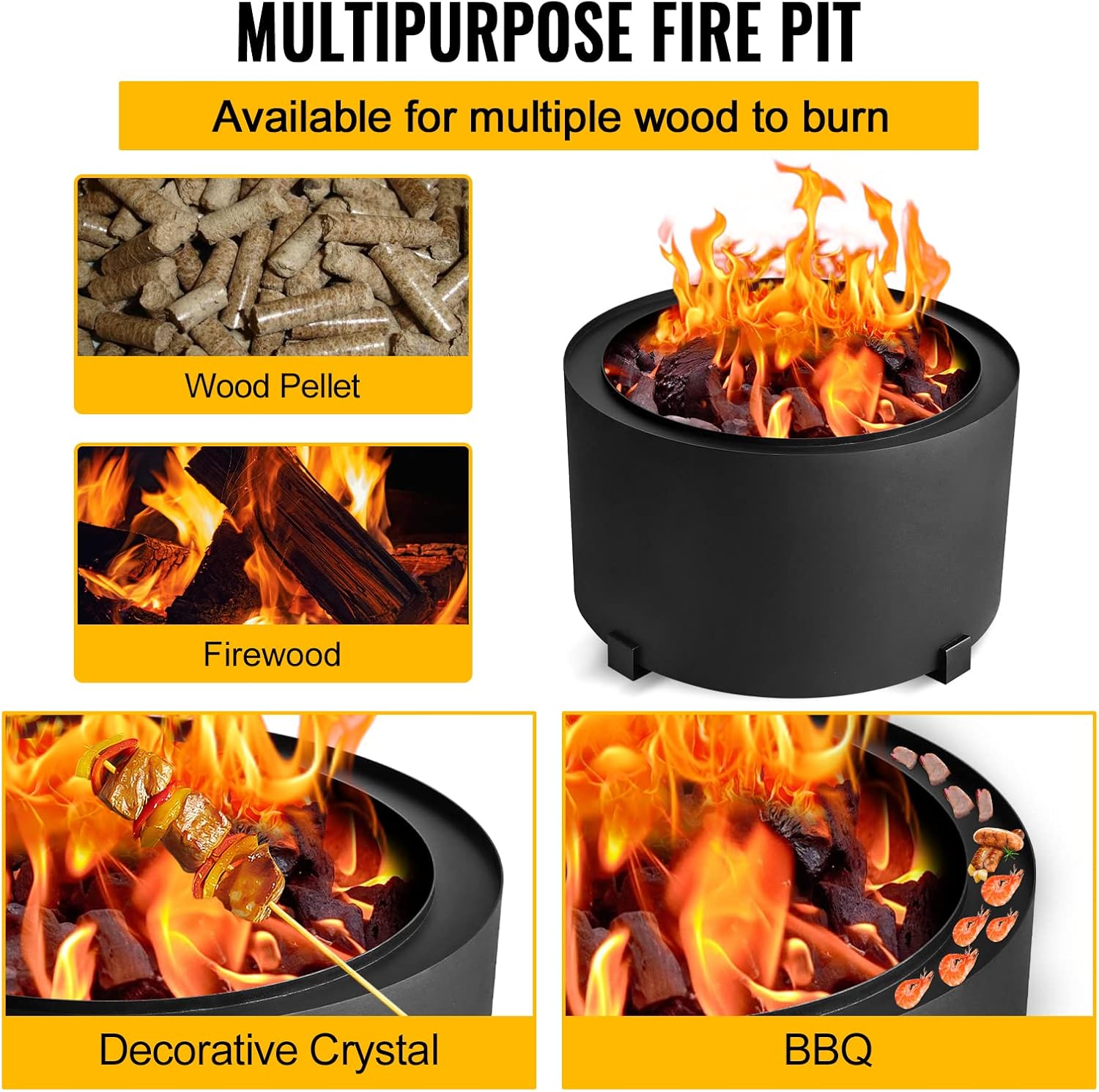 23.6 Inch Smokeless Fire Pits Large Wood Burning Fire Pit Carbon Steel Stove Bonfire Fire Pit Portable Outdoor Fire Bowl for Picnic Camping Backyard