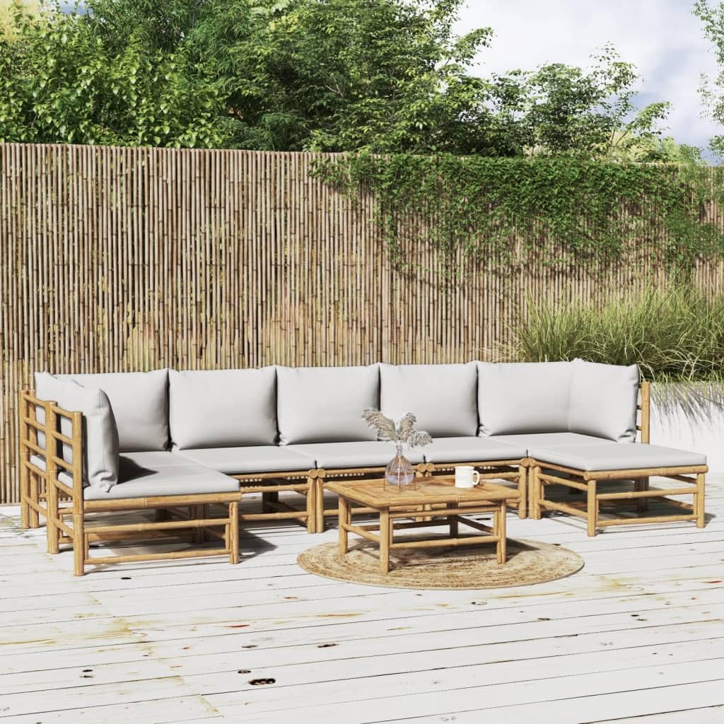 8 Piece Patio Lounge Set with Light Gray Cushions Bamboo,Bamboo Patio Lounge Set with Comfortable Sofa and Modular Design Patio Furniture Sets, Outdoor Furniture Sets