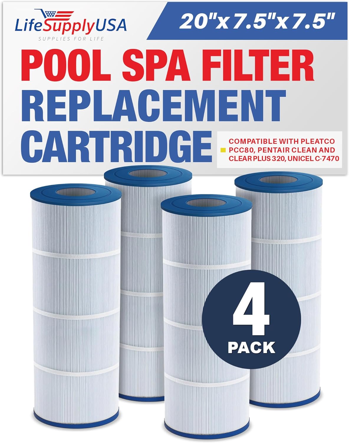 LifeSupplyUSA Pool Filter Replacement for Pleatco Pentair CCP320, PCC80-PAK4, Unicel C-7470, R173573, Filbur FC-1976, 178580, 817-0081, Ultral-A5, Clean and Clear Plus 320 – 20