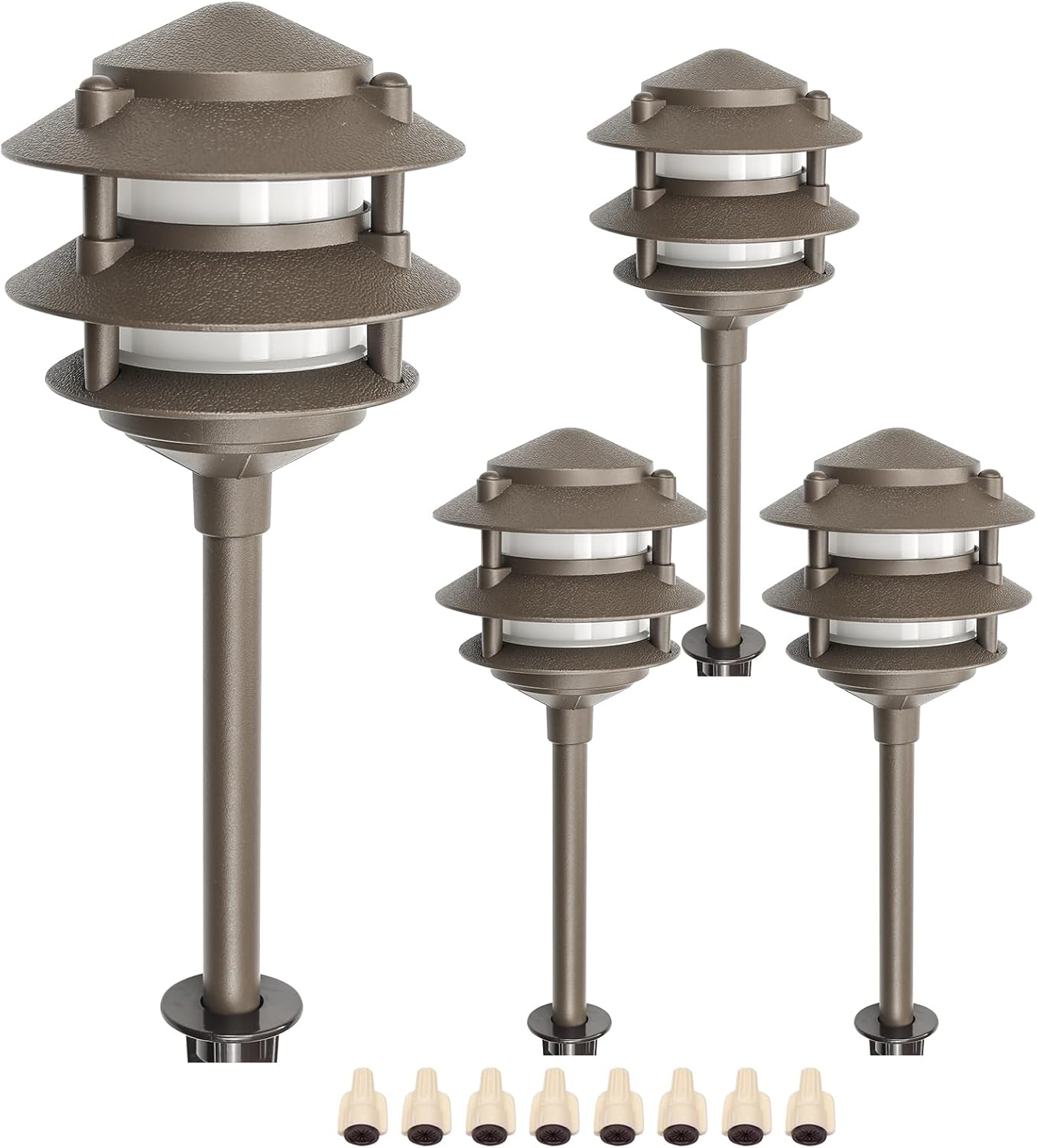 Lumina Lighting® Low Voltage Landscape Lighting Cast-Aluminum Pagoda Path and Area Light Warm White 4W G4 LED Bulb and ABS Ground Stake Included for Yard Walkway Lawn PAL0103-BZLED4 (Bronze, 4-Pack)