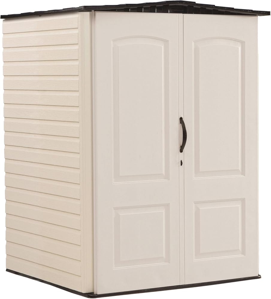 Rubbermaid Large Vertical Resin Outdoor Storage Shed With Floor (5 x 6 Ft), Weather Resistant, Brown, Organization for Home/Backyard/Garden Tools/Lawn Mower/Bike Storage/Pool Supplies