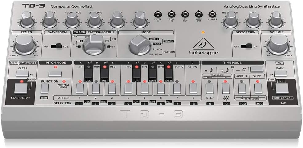 Behringer TD-3-SR Analog Bass Line Synthesizer - Silver and Hosa MID-305BK 5-Pin DIN to 5-Pin DIN MIDI Cable, 5 Feet Bundle