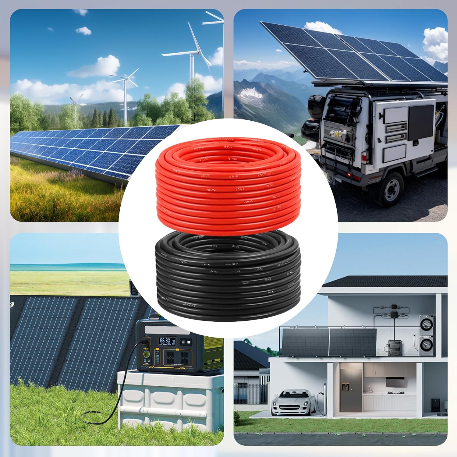 Solar Panel Wire 8 AWG(10mm²) - Solar Extension Cable 30Ft Black & 30Ft Red 8 Gauge Tinned Copper PV Wire for Outdoor Automotive RV Solar Panel Boat Marine (Black+Red)