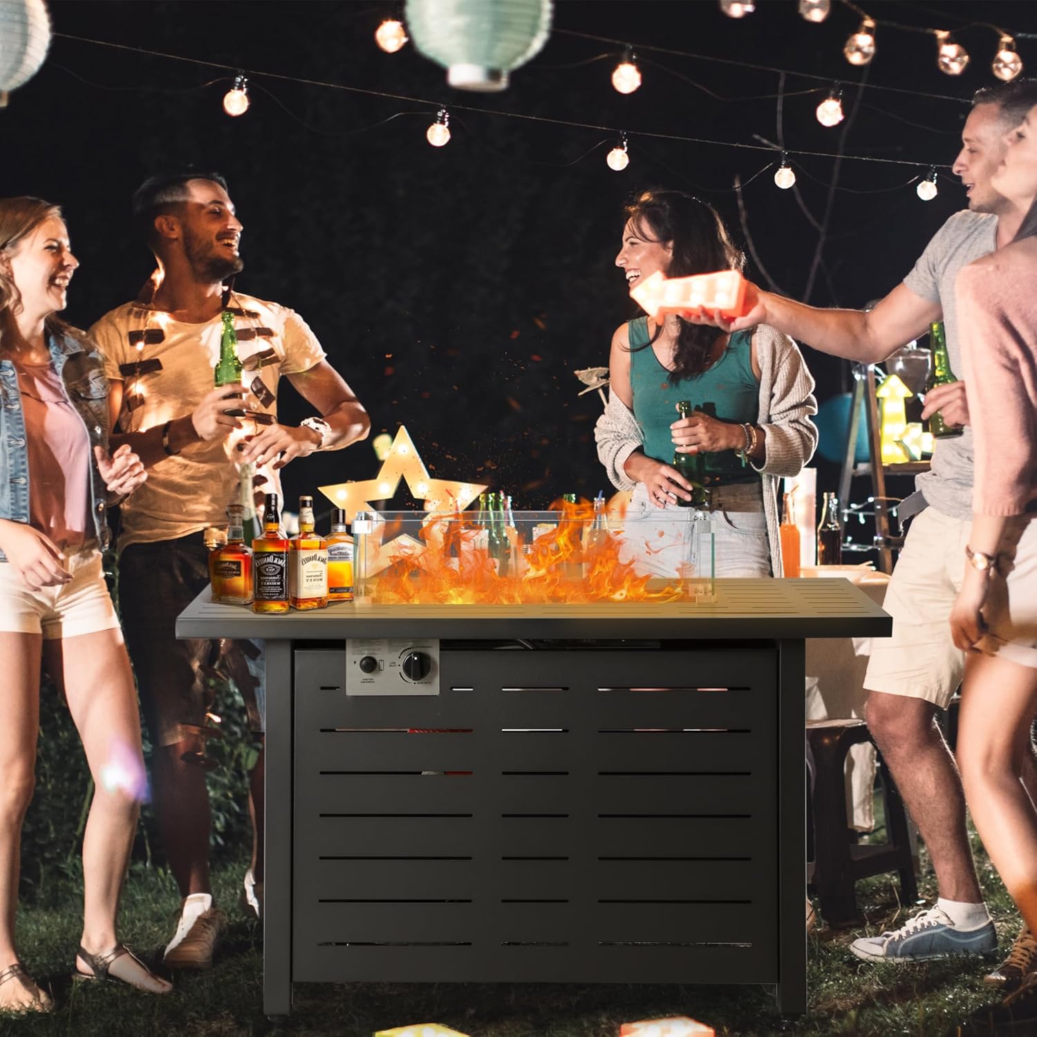 43 Inch Propane Fire Pits, Fire Pit Table, 50,000 BTU Outdoor Gas Fire Pit Included Glass Wind Guard, Steel Lid and Lava Rocks for Patio Garden, Black