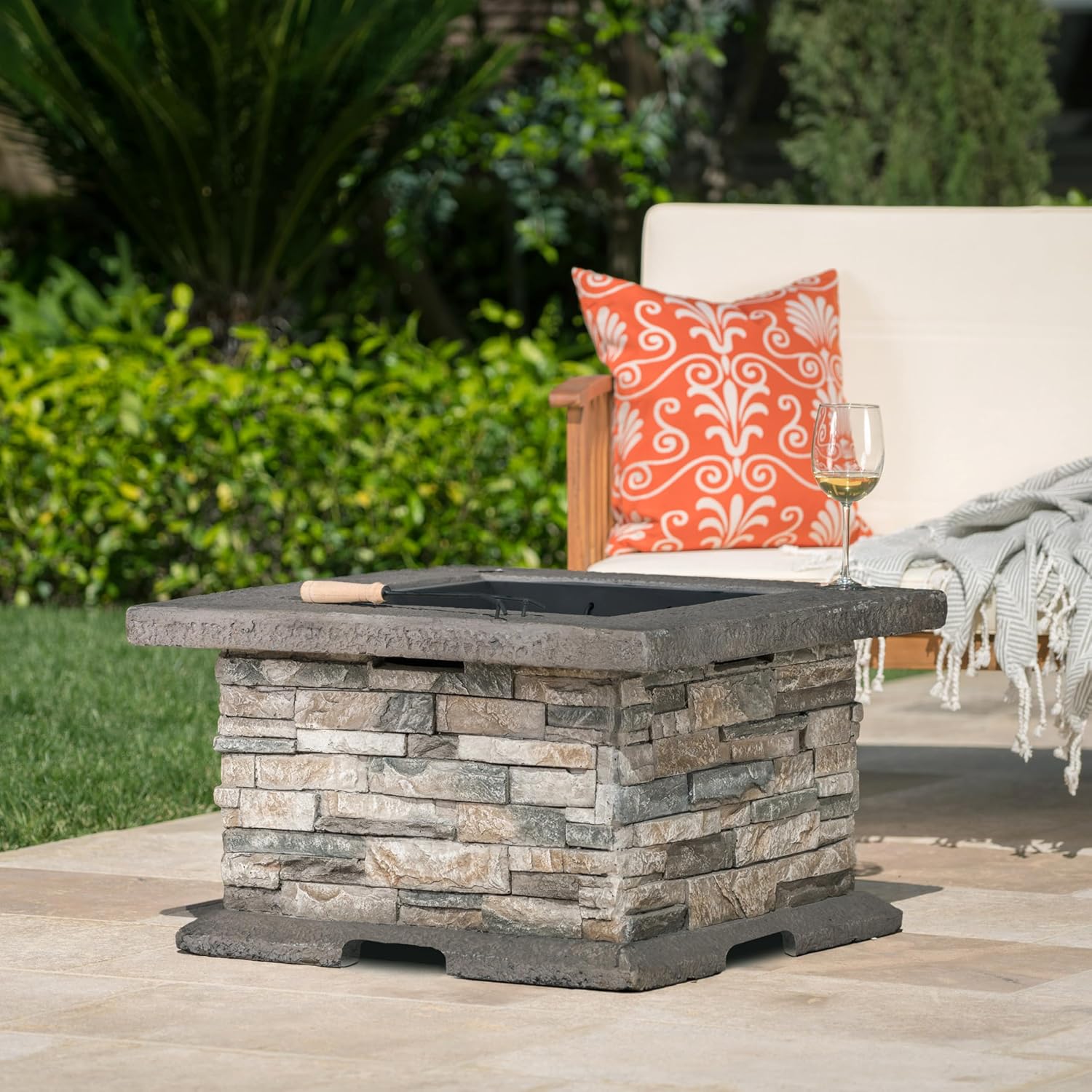 LifeSky Outdoor Stone Fire Pit - Modern Square Fire Pit with Spark Screen & Poker Tool for Backyard & Patio - Durable Engineered Stone & Iron Design for Outdoor Gatherings & Relaxation