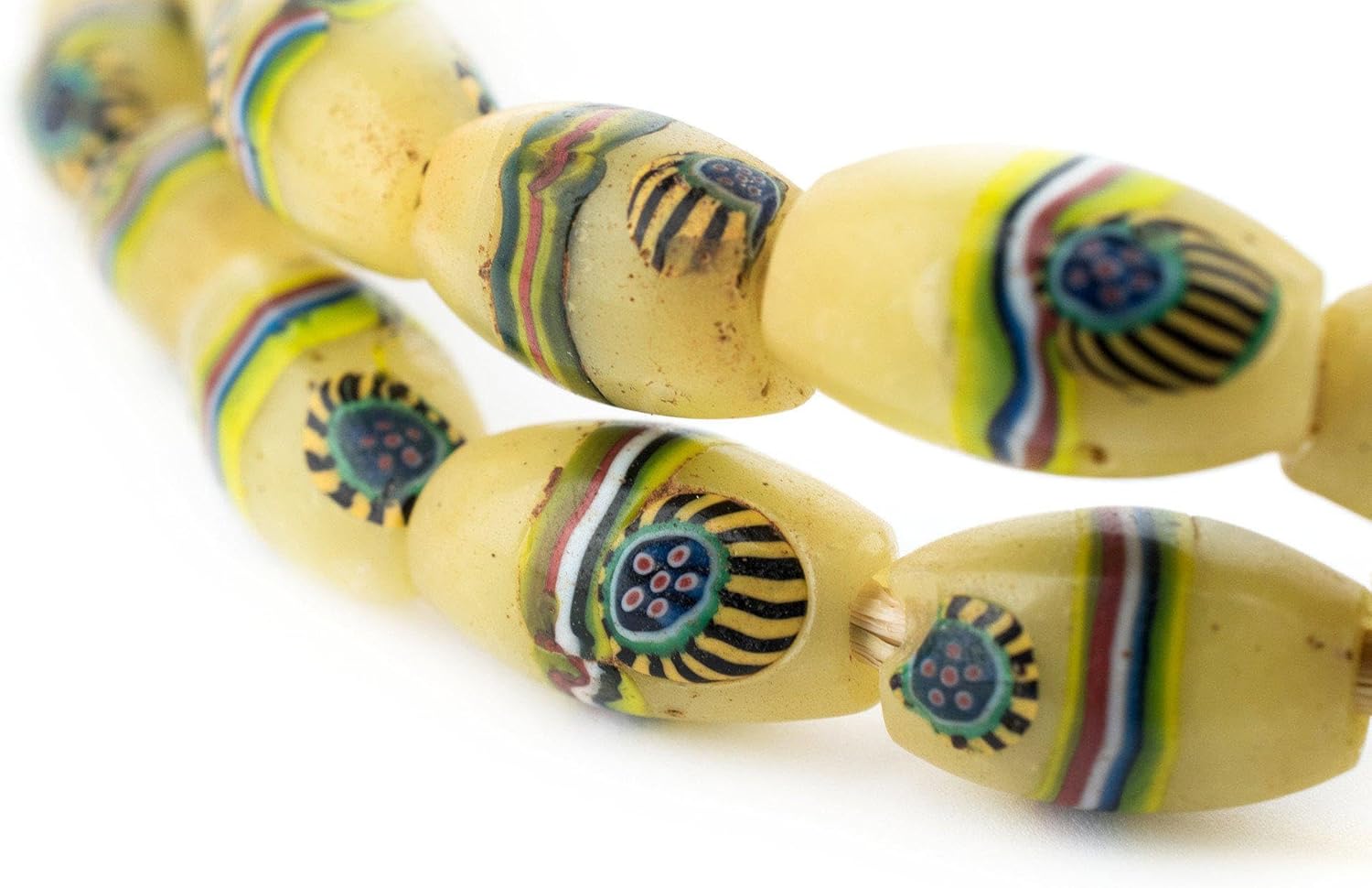 The Bead Chest Rare Matching Antique Peacock Millefiori Trade Beads #RT 9mm Ivory Coast African Multicolor Oval Glass Large Hole Handmade