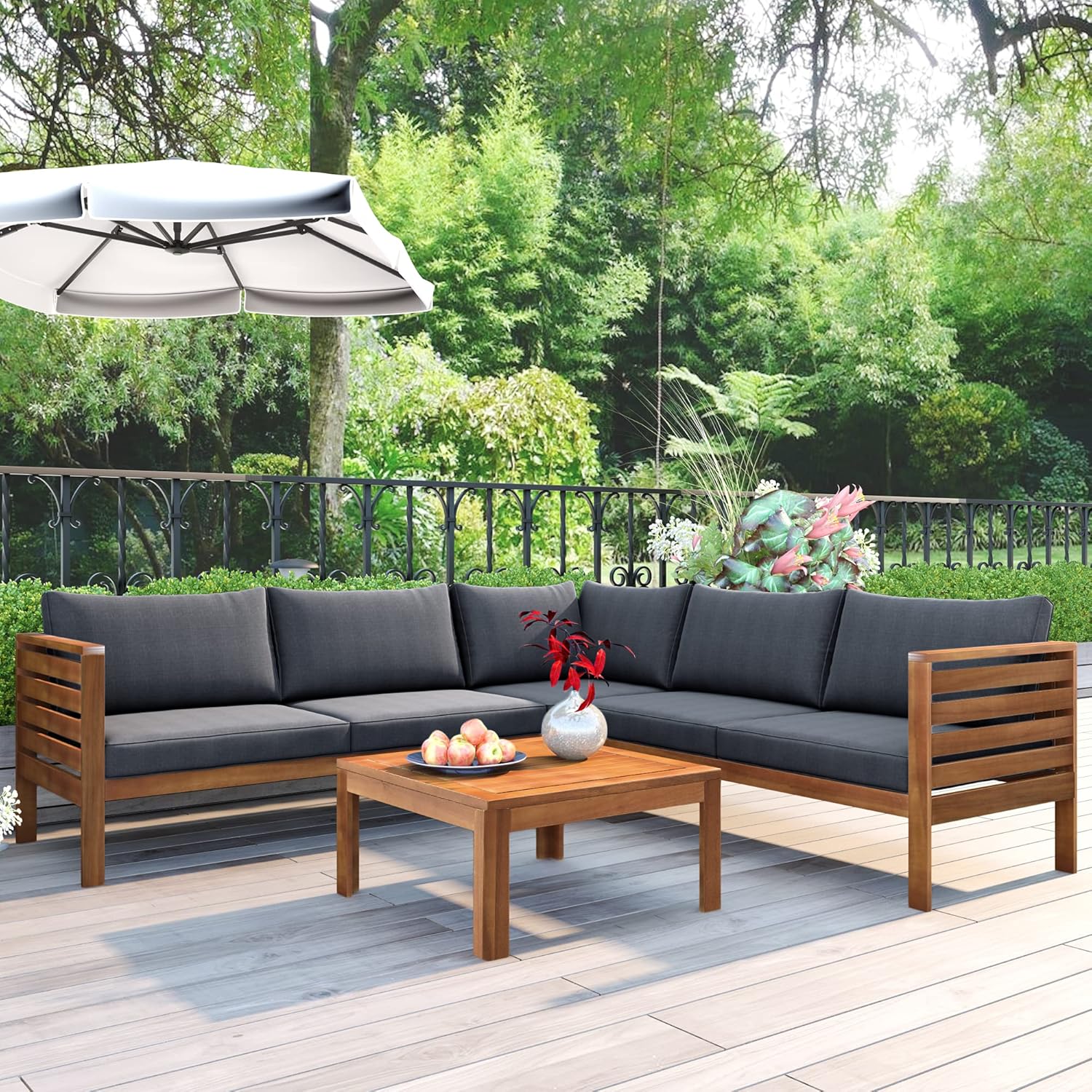 Exotic Design 4 Pieces Outdoor Patio Furniture Sectional Sofa Sets with Cushions, Eucalyptus Wood Frame with Slatted Tabletop Tea Table and Backrest, Natural Frame + Gray Cushions