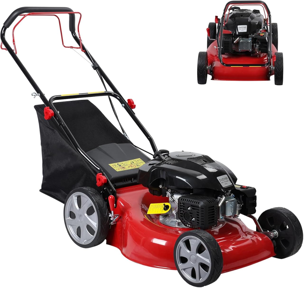 3 in 1 Gas Lawn Mower, Self Propelled Lawnmower, 131cc 4-Cycle Push Lawn Mower with 50L Grass Tank, Bagging, Mulching, and Side Discharge, 8-Position Lever Height Adjustment Red