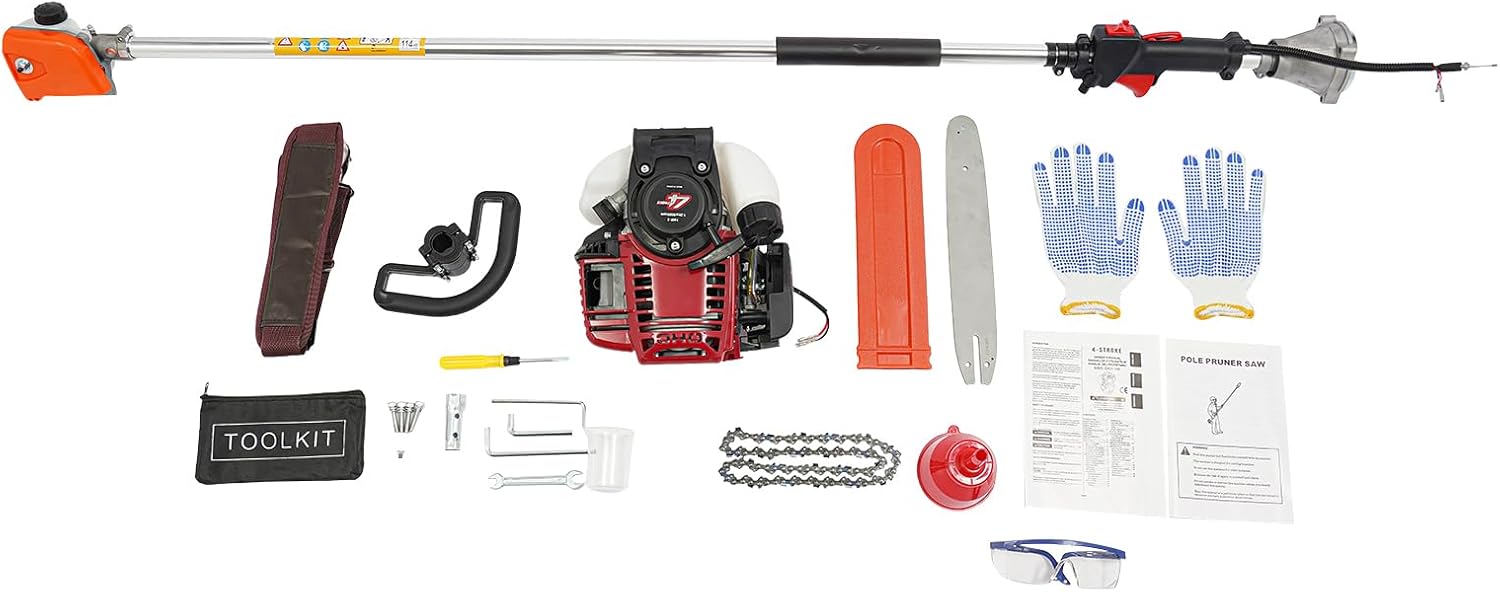 43cc 4-Stroke Gas Pole Chainsaw with 1.5m Detachable Pole, 12-Inch Guide Bar, 8500 RPM Gas-Powered Trimmer for Tree Pruning, Yard Maintenance