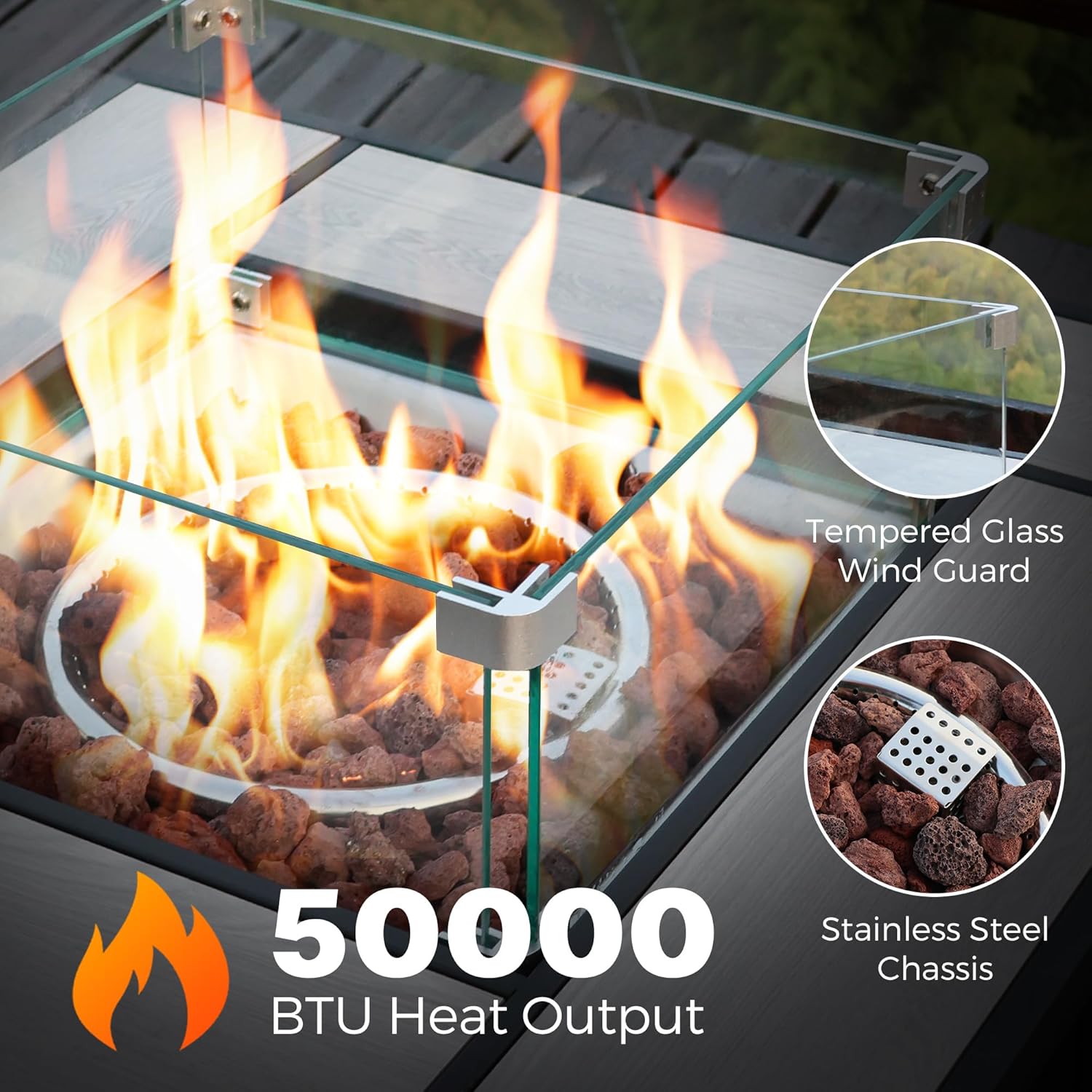 28 Inch Outdoor Fire Table with Ceramic Tile Tabletop Square Propane Fire Pit Table 50,000 BTU Gas FirePit Fire Table with Glass Wind Guard(L) Waterproof Cover Gloves Steel Lid and Lava Rock