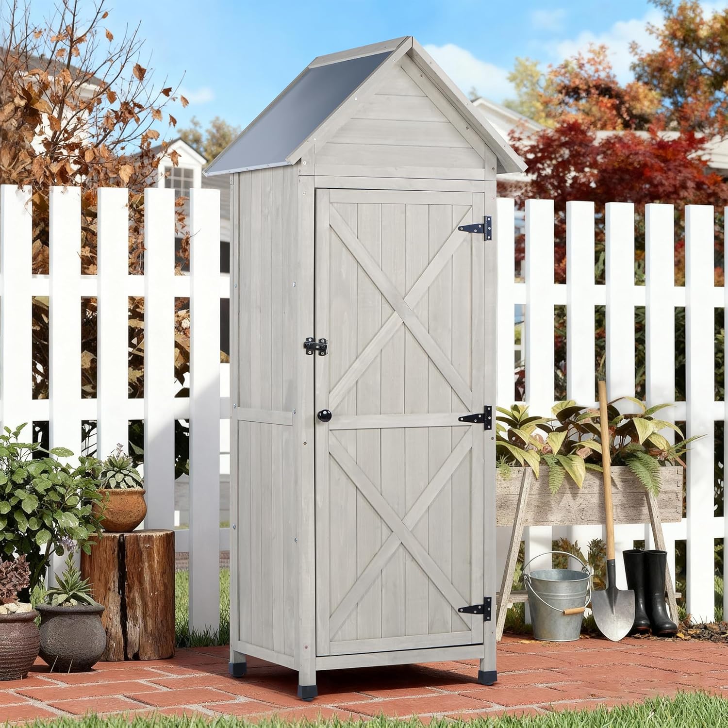 Wooden Outdoor Storage Cabinet with Waterproof Metal Roof Vertical Garden Tool Shed Adjustable Shelves, Perfect for Yards, Patios, Decks and Porches (Light Gray, 22