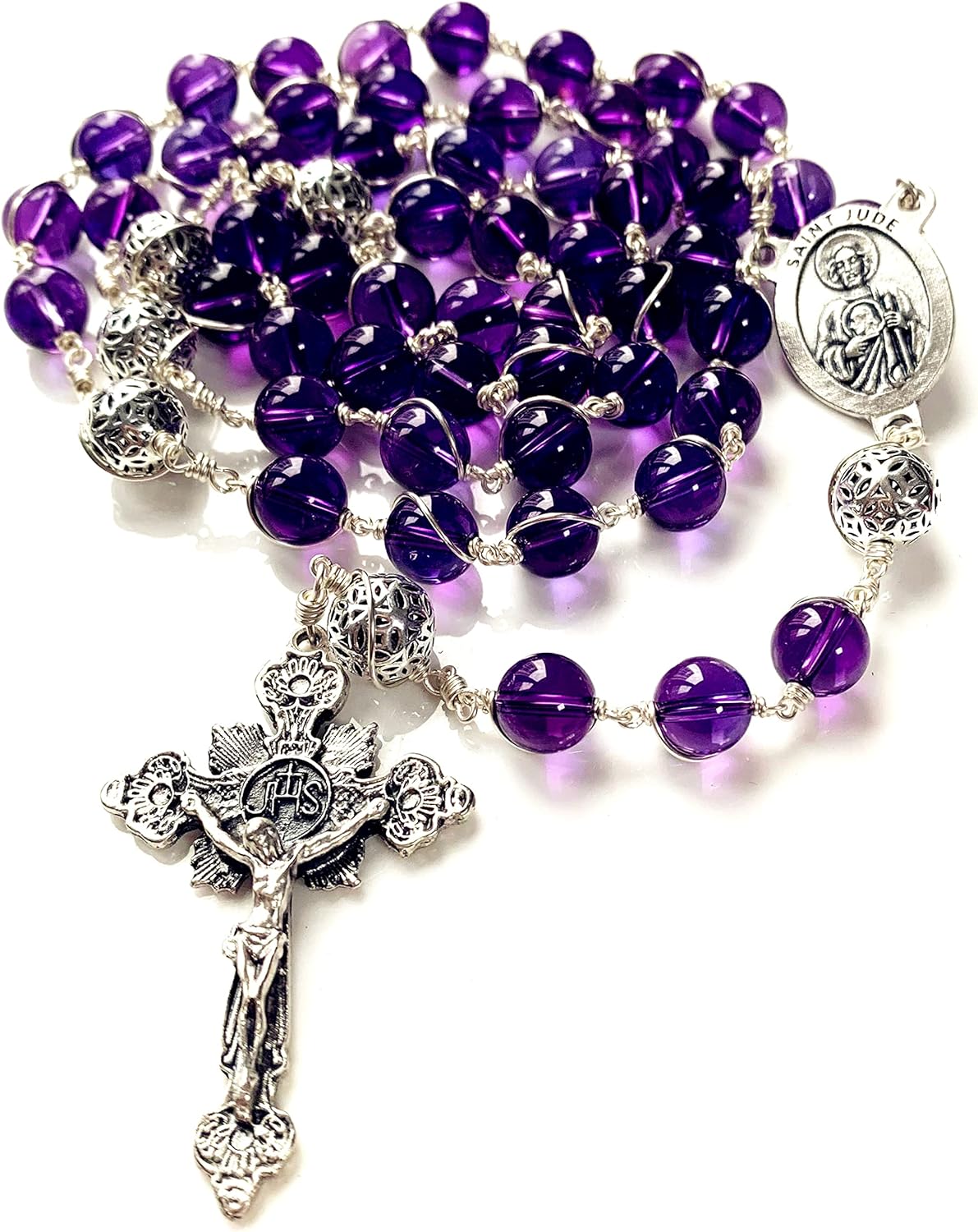 elegantmedical HANDMADE Bali 925 Sterling Silver Beads Purple Amethyst Catholic necklace Wire Wrap Rosary Cross
