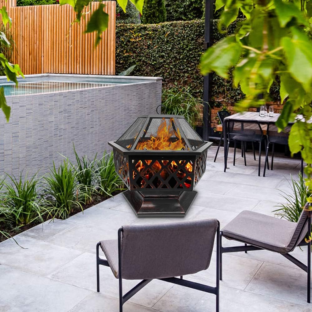 Steel Hexagonal Fire Pit Fire Bowl for Garden and Patio Outdoor Garden Heater Bronze Fire Pit Charcoal Burning Fire Bowl