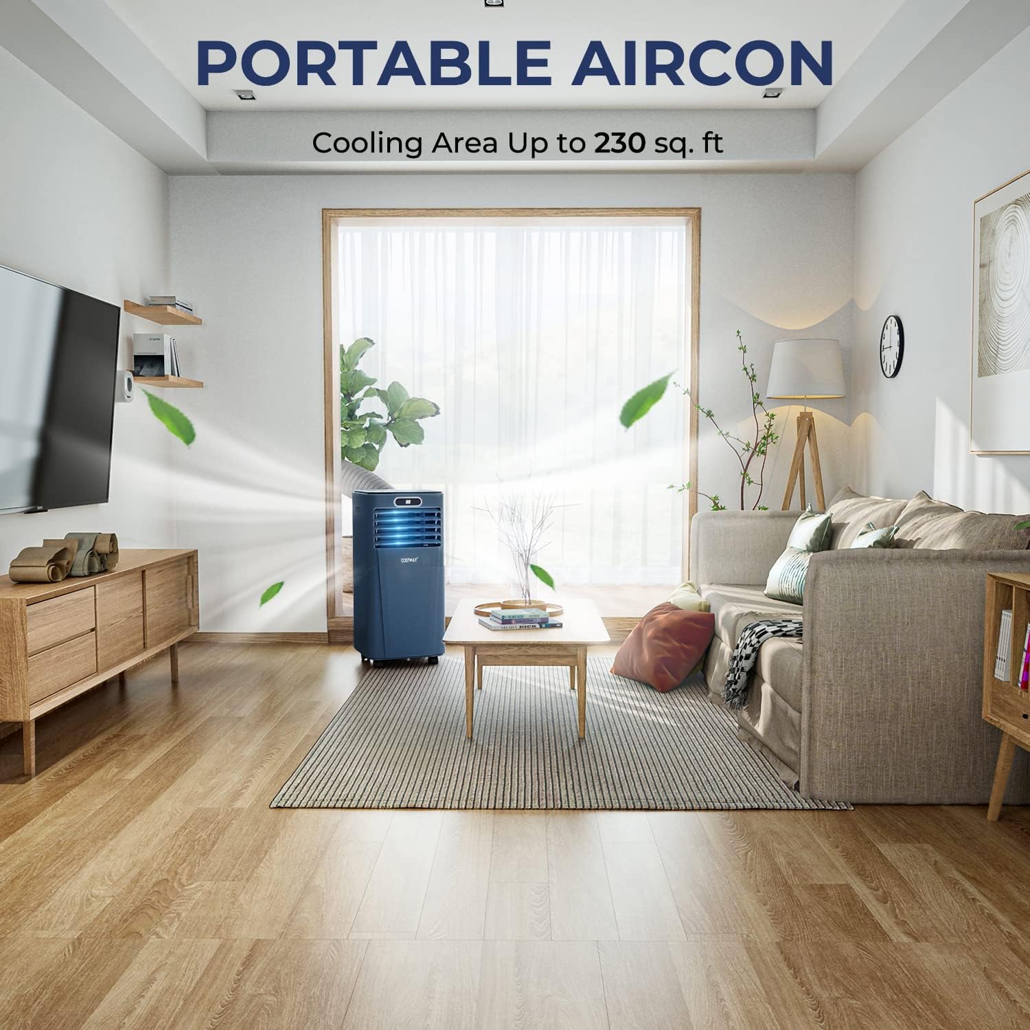 COSTWAY Portable Air Conditioner, 8000BTU Air Cooler with Drying, Fan, Sleep Mode, 2 Speeds, 24H Timer Function, Remote Control, Cools Room up to 230 Sq. ft, for Home, Window Kit Included