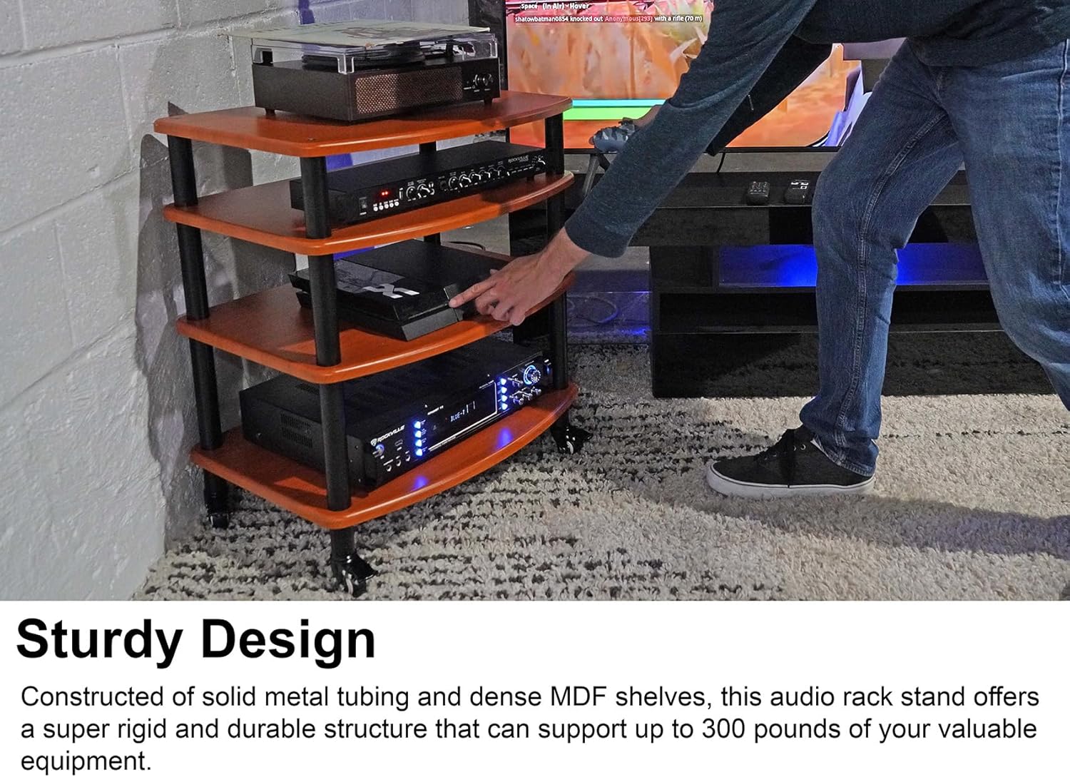 Rockville FLX Classic Wood Adjustable Height 4 Shelf A/V Rack Stand, Expandable Design, for Home Theater