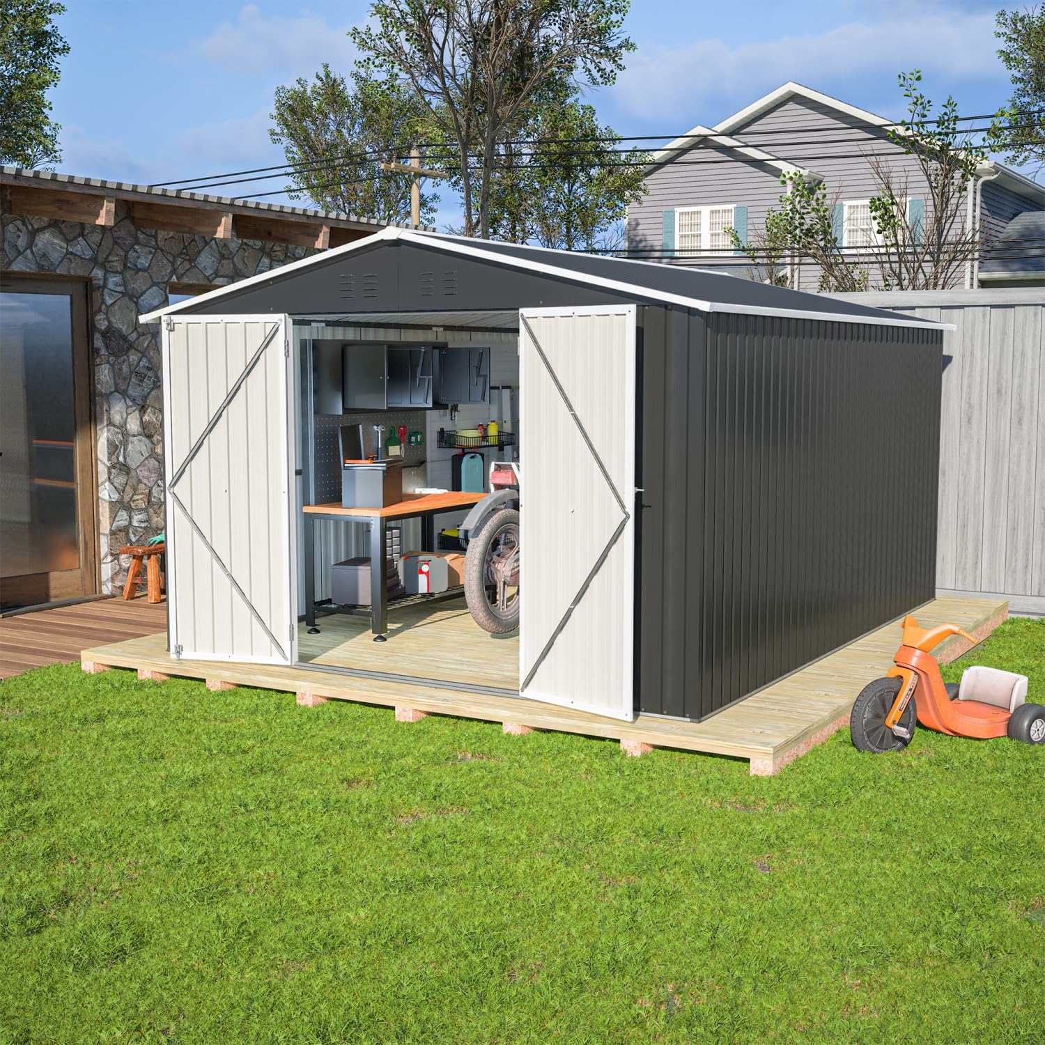 Outdoor Storage Shed 10X12 Ft Metal Black Enough Space Backyard Patio Lawn All-Weather Ready