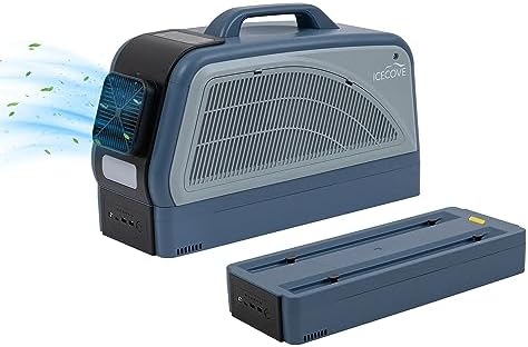 IceCove Portable Air Conditioner with Add-on 2 Batteries, 2500BTU Portable AC Unit, 250W Low Power Consumption, 25.5VDC, 2 Fan Speed, 3 Light Mode for Tent Camping RV Truck Van Life Home, Blue
