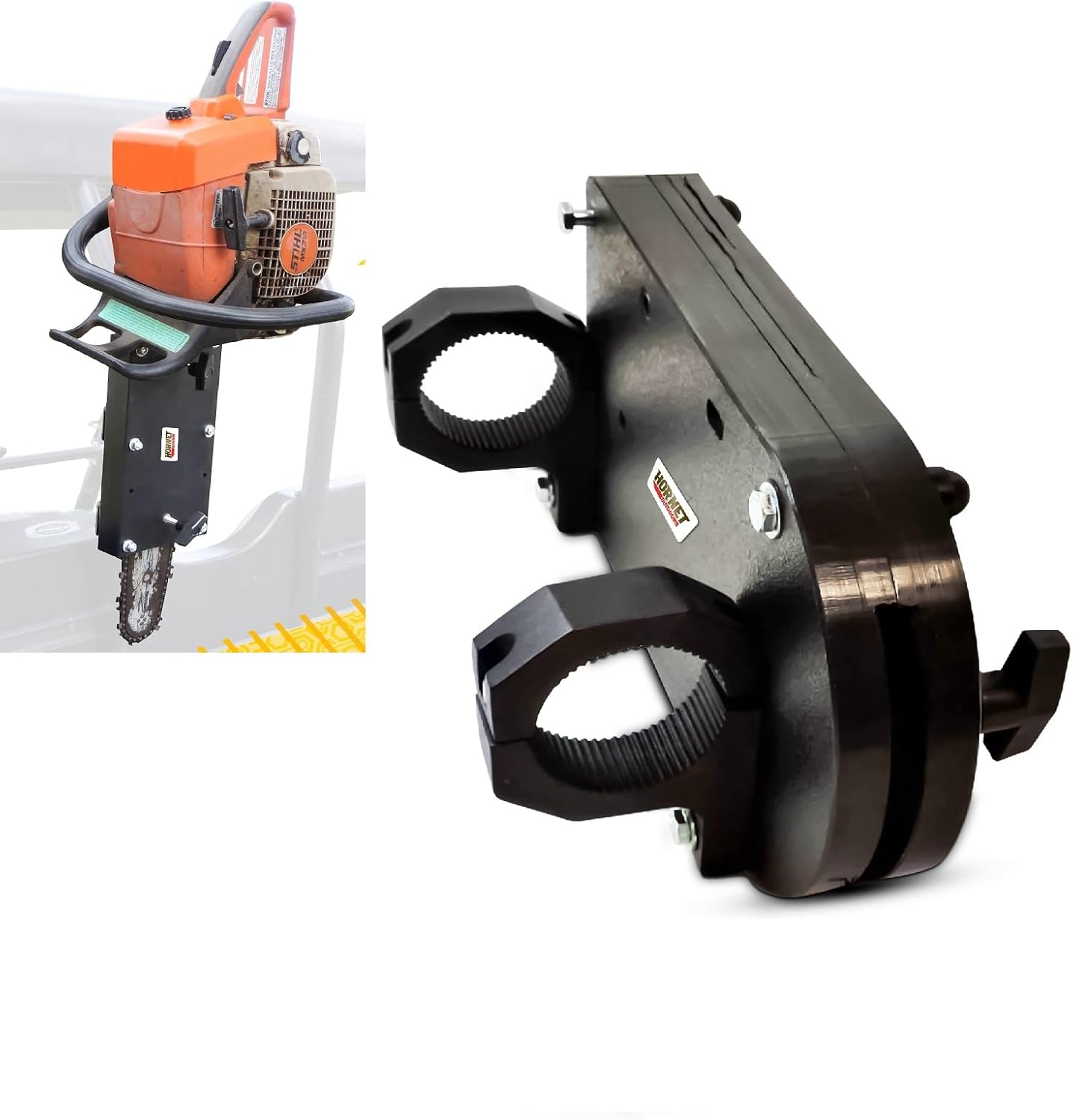 Side By Side UTV Roll Bar Chainsaw Mount and Integrated Bar and Chain Protection Slleve Fits all Round Roll Bars 1 1/2