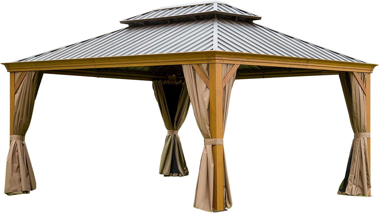 12'x16' Hardtop Outdoor Aluminum Wood Grain with Galvanized Steel Double Canopy Curtains Weather Patio, Deck, Backyard Shade (Yellow Brown)