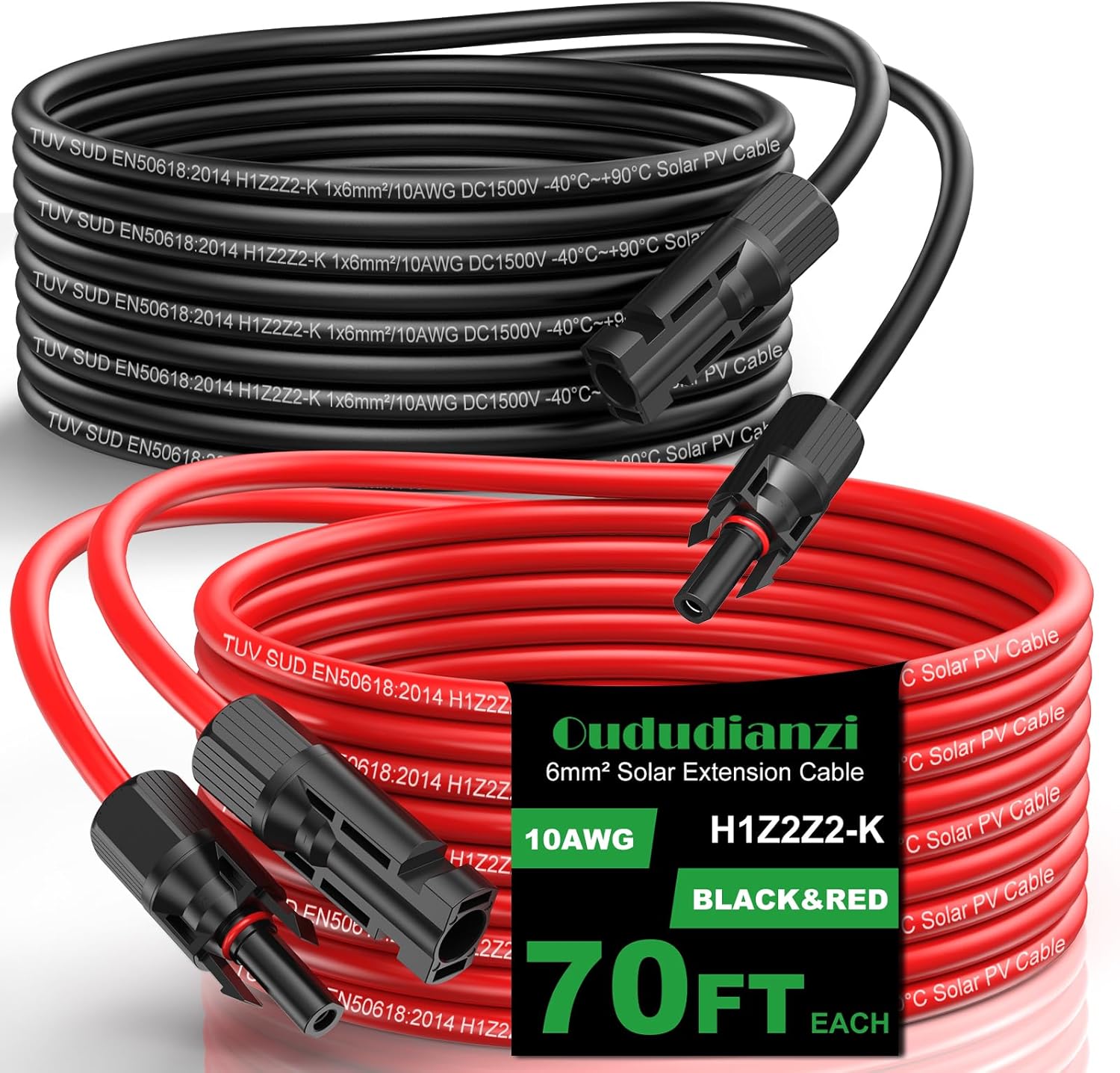 Oududianzi 10AWG Solar Extension Cable 70Ft, Solar Panel Extension Cable, 10 AWG Solar Wire, PV Wire, Solar Panel Wires and Connectors for Solar Systems (70FT Red+70FT Black)