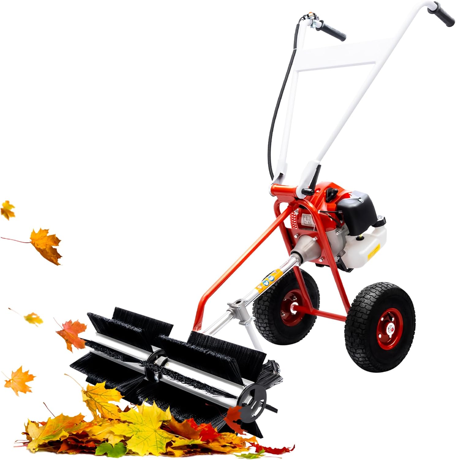 Sweeper Broom Walk Behind, Gas Powered Snow Sweeper Broom with Wheels, 43cc 2-Stroke 1.7HP Outdoor Sweeping Machine for Garden Lawn Yard Doorway Sidewalk Driveway Turf Grass