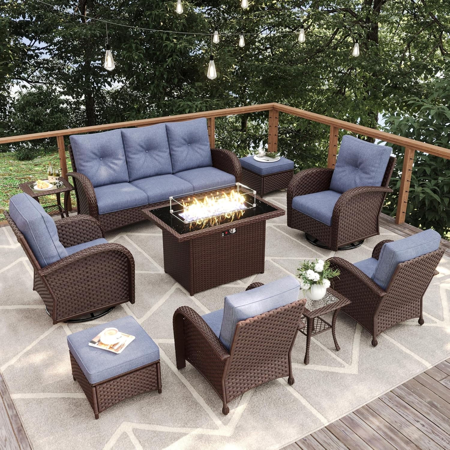 10 Pieces Patio Furniture Sets with Fire Pit Table, Wicker Rattan High Back Outdoor Swivel Rocking Chairs Set with 3-Seat Couch, Ottomans and Side Table