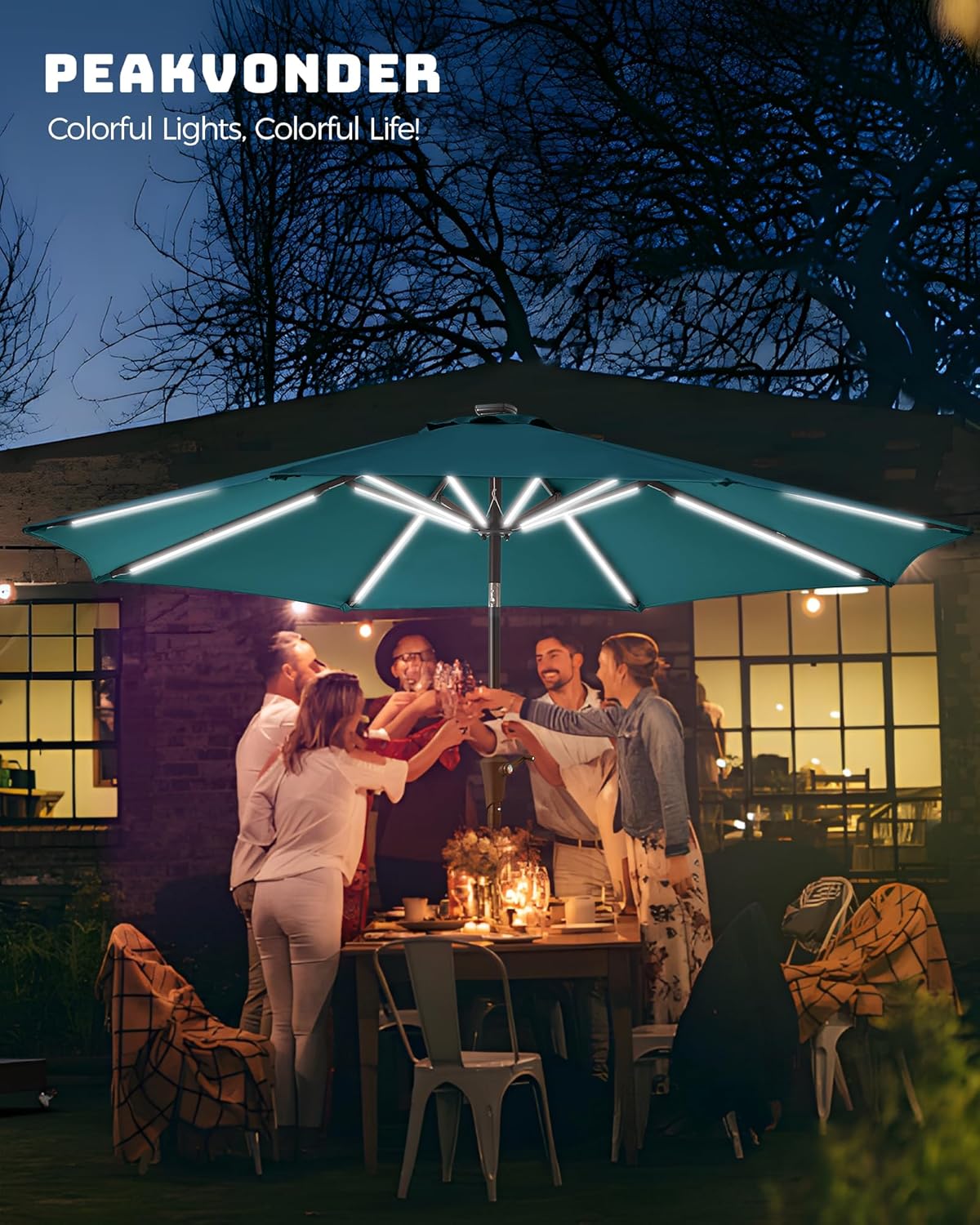 9 ft/10 ft Outdoor Patio Umbrella with Solar Lights, Solar+Power Bank Charging, Large Heavy Duty Beach, Pool, Deck, Market,Table Umbrella, 8-Rib Windproof, Fade Resistant, 30° Tilt & Crank