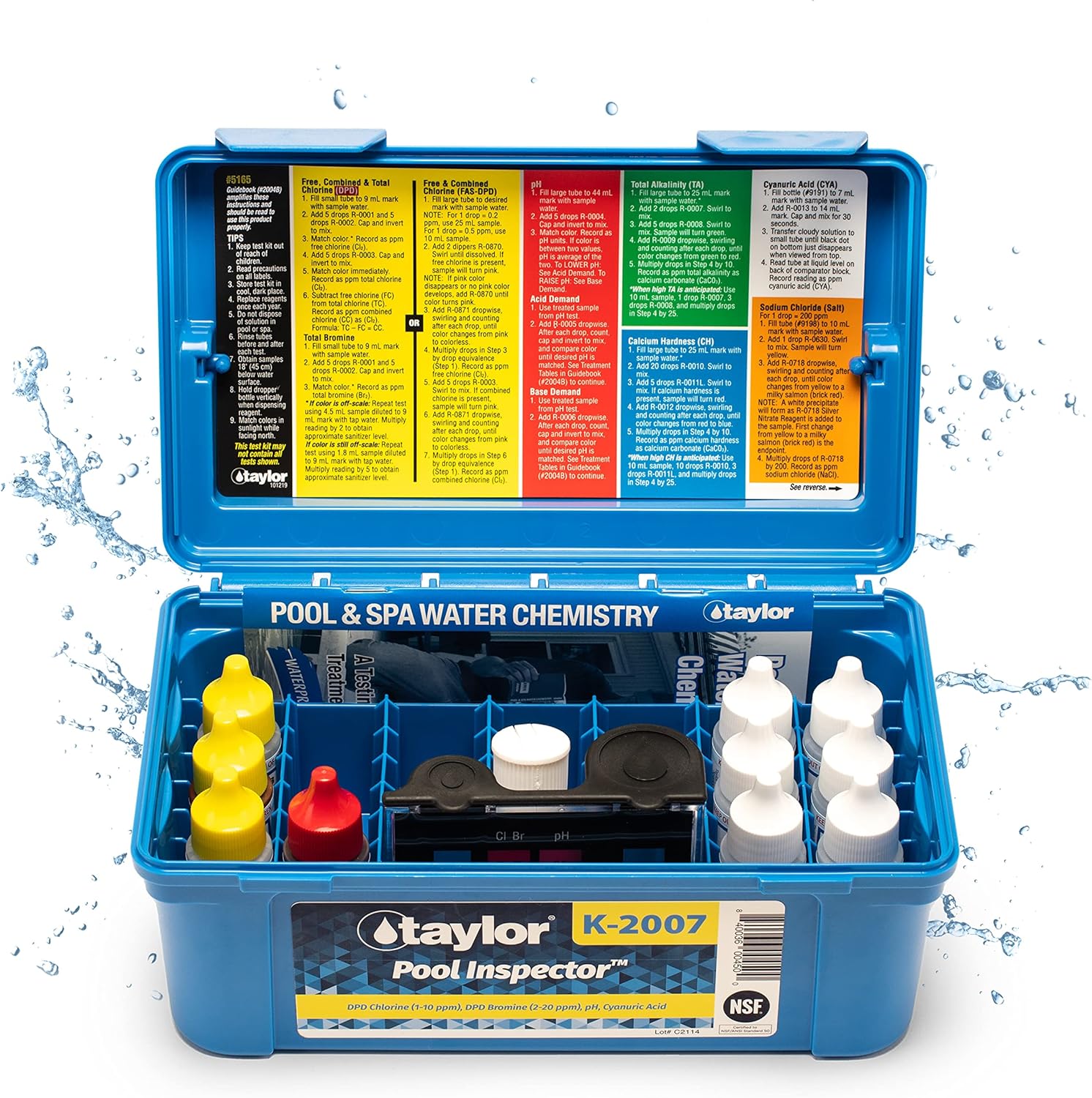 Taylor K-2007, 5-in-1 Pool DPD High Range Test Kit for Free & Total Chlorine, Bromine, pH, Cyanuric Acid (CYA), Includes Extra Cyanuric Acid Reagents, Quick & Easy Instructions | Made in The USA