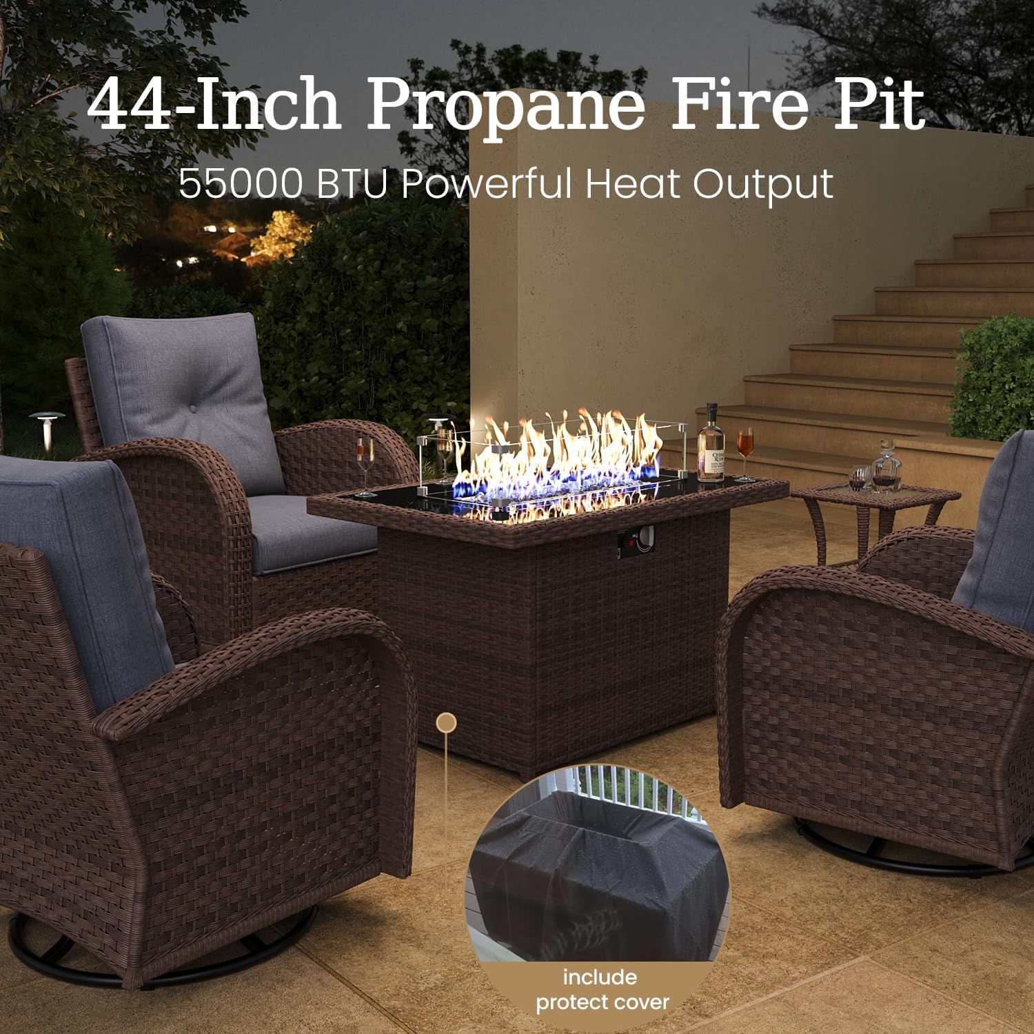 10 Pieces Wicker Patio Furniture Set with Fire Pit Table, Luxury Outdoor Conversation Set with High Back Swivel Rocker Chairs