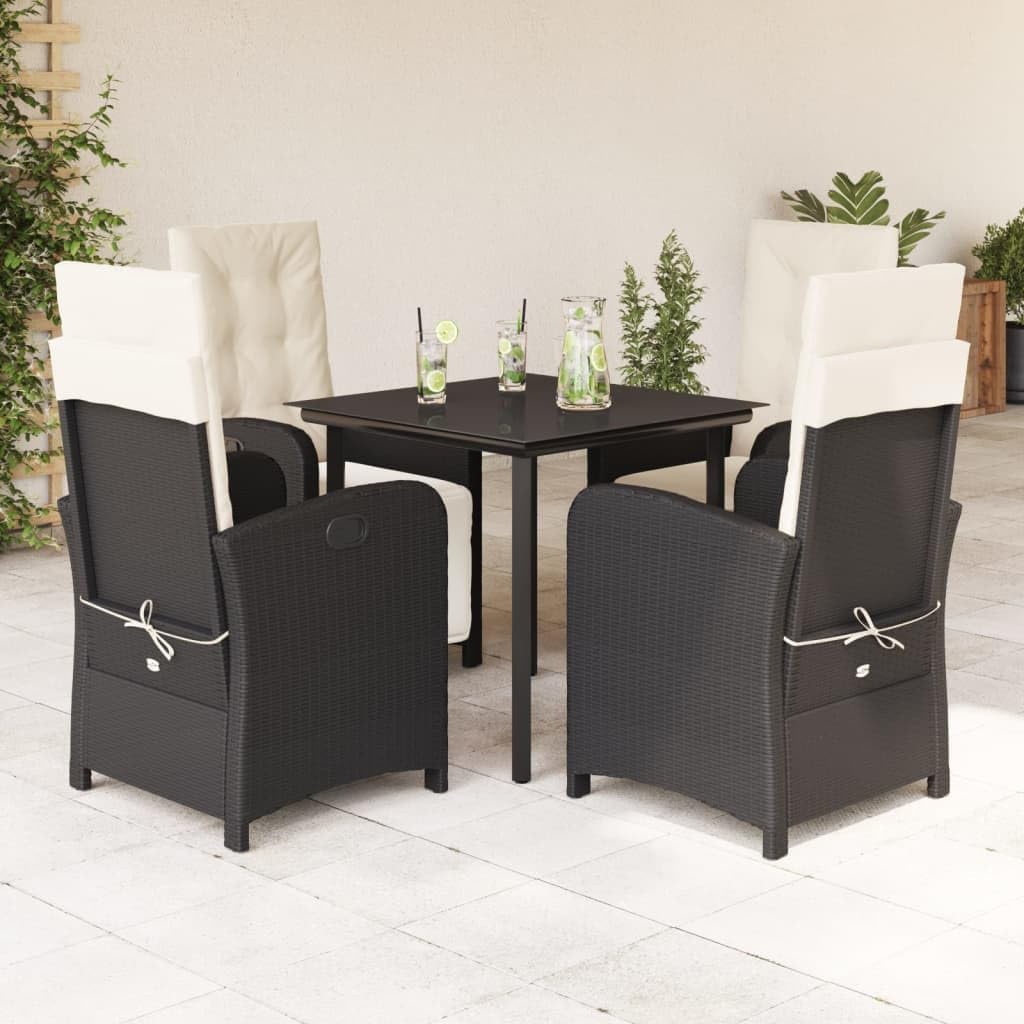 5 Piece Patio Dining Set with Cushions Black Poly Rattan,AllWeather Garden Dining Set with Adjustable Backrests and Glass Tabletop Furniture Sets for Patio, Lawn & Garden