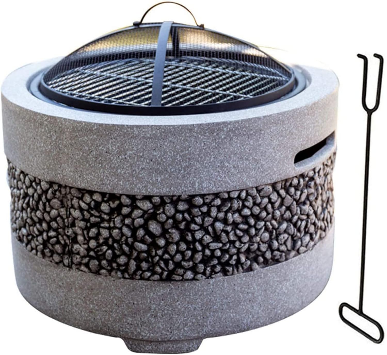 Outdoor Fire Pit 3 in 1 Large Fire Pit, with Grill, Outdoor Terrace with Artificial Stone Edging, Decoration, Lava, Bronze 55 x 46cm, Gray