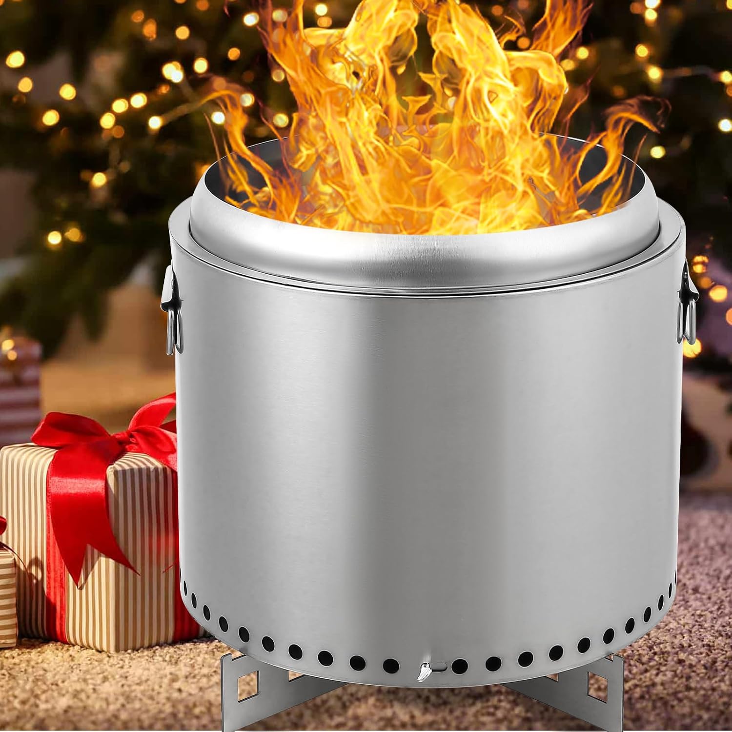 16.5 Inch Smokeless Fire Pit with Stand, Removable Ash Pan, Portable Fire Pit for Outside, Stainless Steel Wood Burning Fireplace, Ideal for 4-6 People Camping Gathering