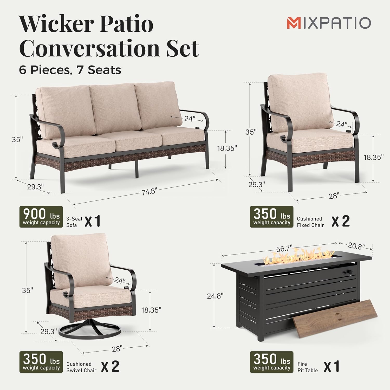 Patio Furniture Set with 56'' Fire Pit Table, Black Metal Frame Outdoor Conversation Set with 2 x Fixed Chairs, 2 x Swivel Chairs, 1 x 3-Seat Sofa for Lawn Garden Backyard, Beige