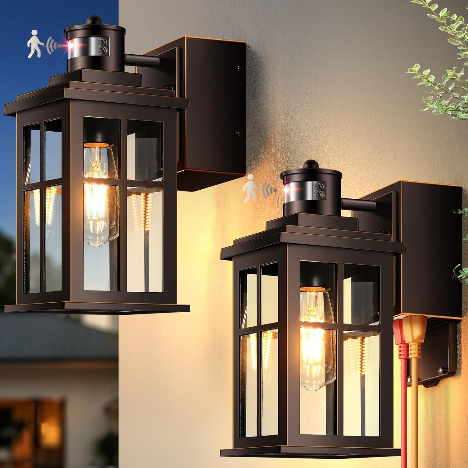 2 Pack Motion Sensor Outside Lights for House, Bronze Outdoor Porch Light with GFCI Outlet, Distance-Adjustable Exterior Lighting Fixtures for Porch, Patio, Garage, Waterproof, Anti-Rust