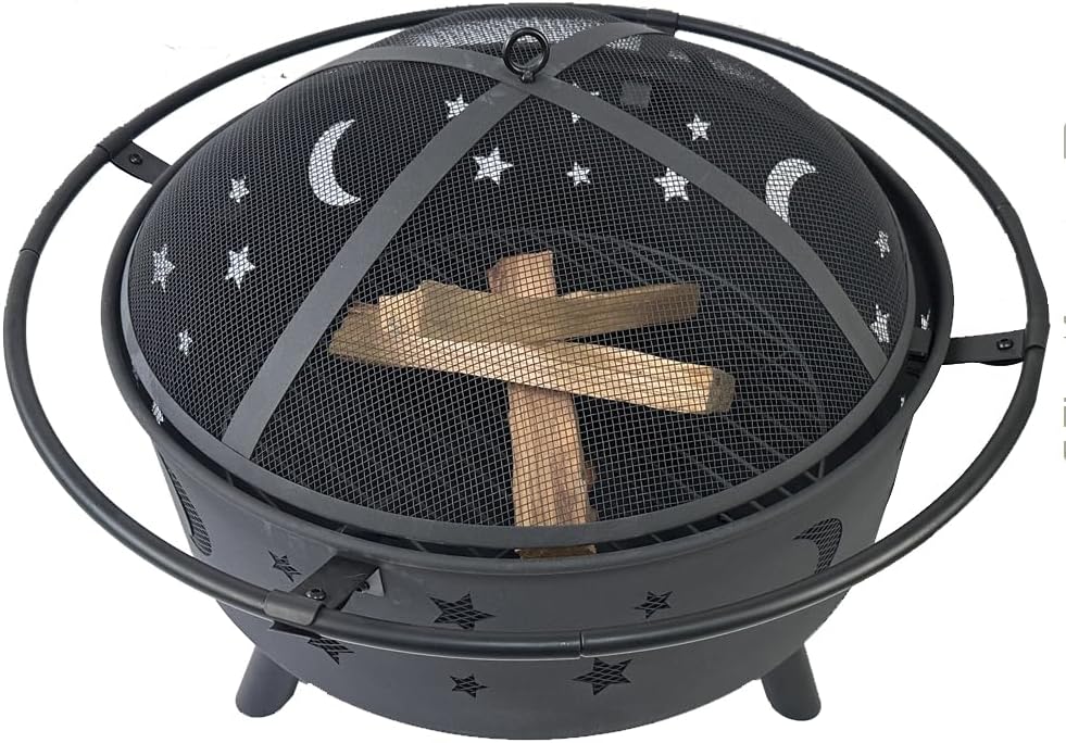 Fire Pit 32 Inch Outdoor Wood Burning Firepit with Screen Patio Round About The Moon and Stars