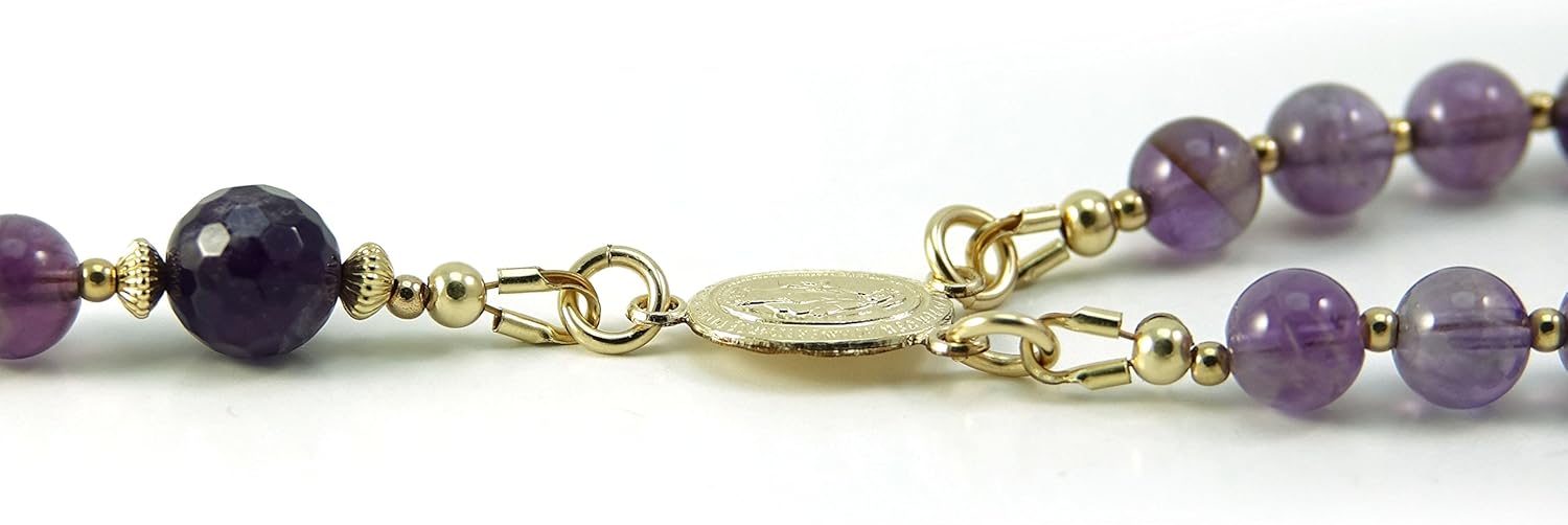 Catholic Amethyst Gemstone Rosary with Gold Filled Beads and Rosary Center Blessed with Anointing Oil (Not a Necklace)