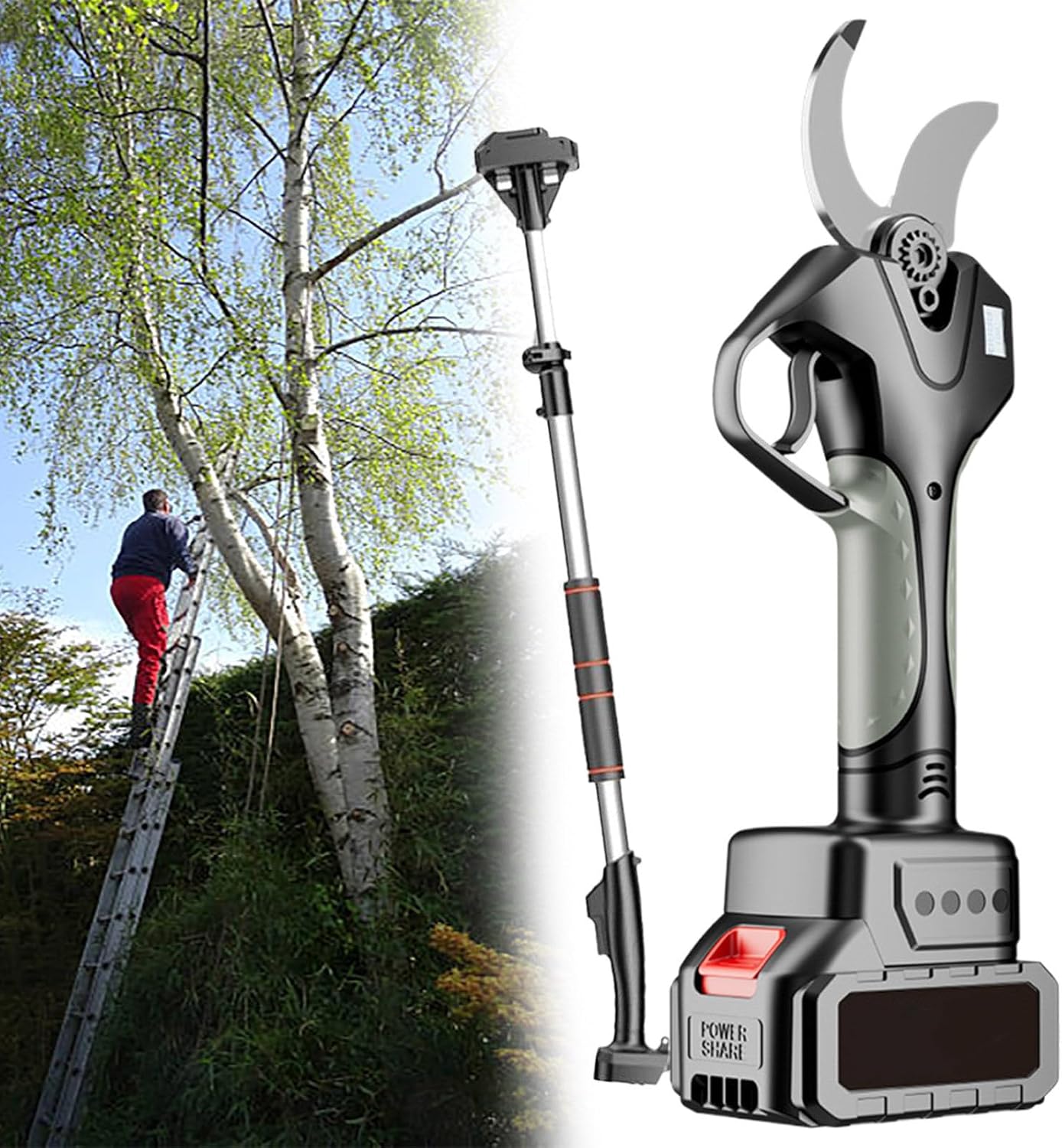 21V Electric Pruning Shears, 4Inch Cutting Diameter Electric Pruners for Gardening, 2 Batteries and 7.1 Ft High Reach Extension Rod, for Tree, Branch