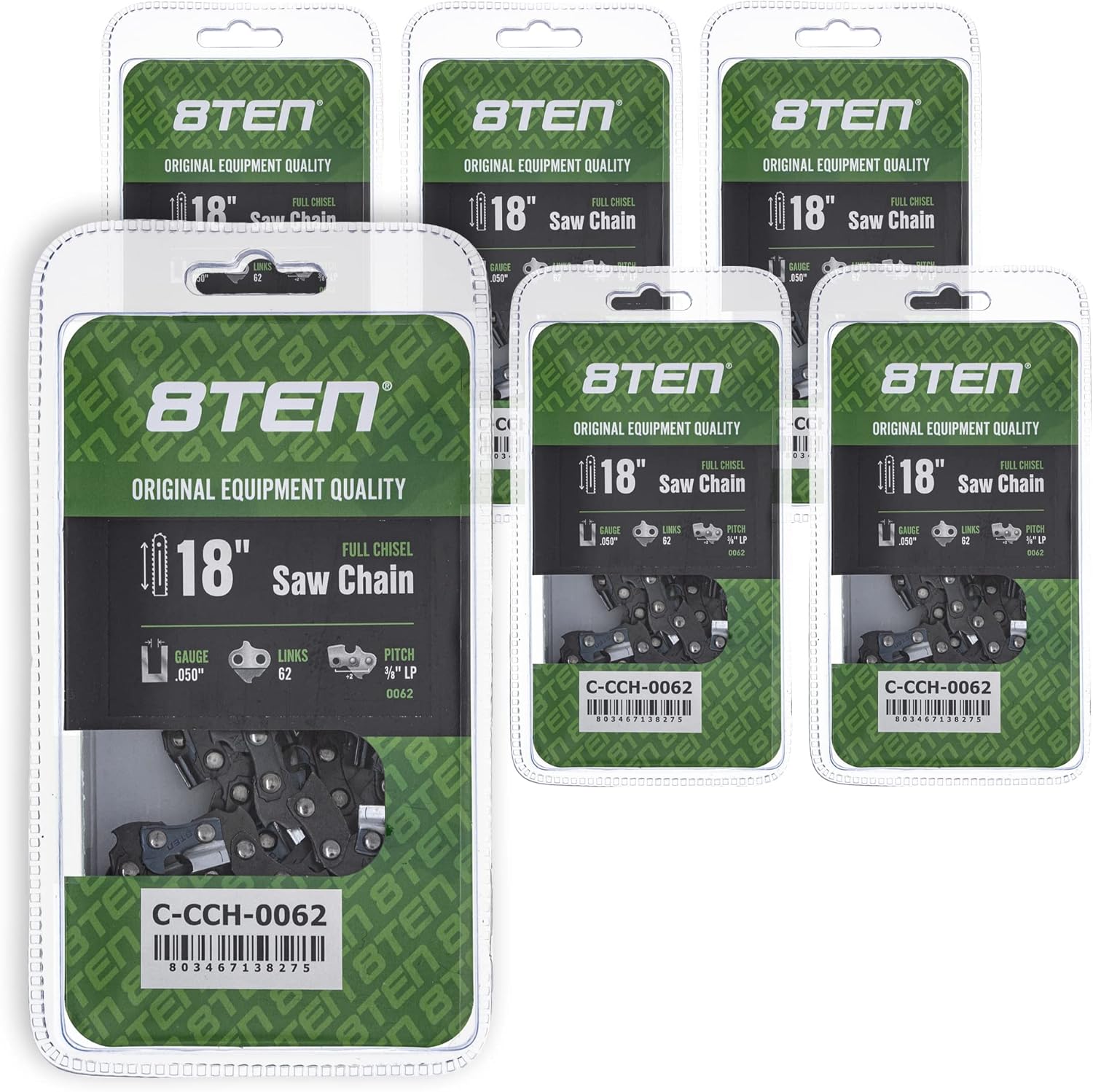 8TEN Full Chisel Chainsaw Chain 18 Inch .050 3/8 LP 62 DL For Echo CS-310 Poulan Woodshark Craftsman (6 Pack)