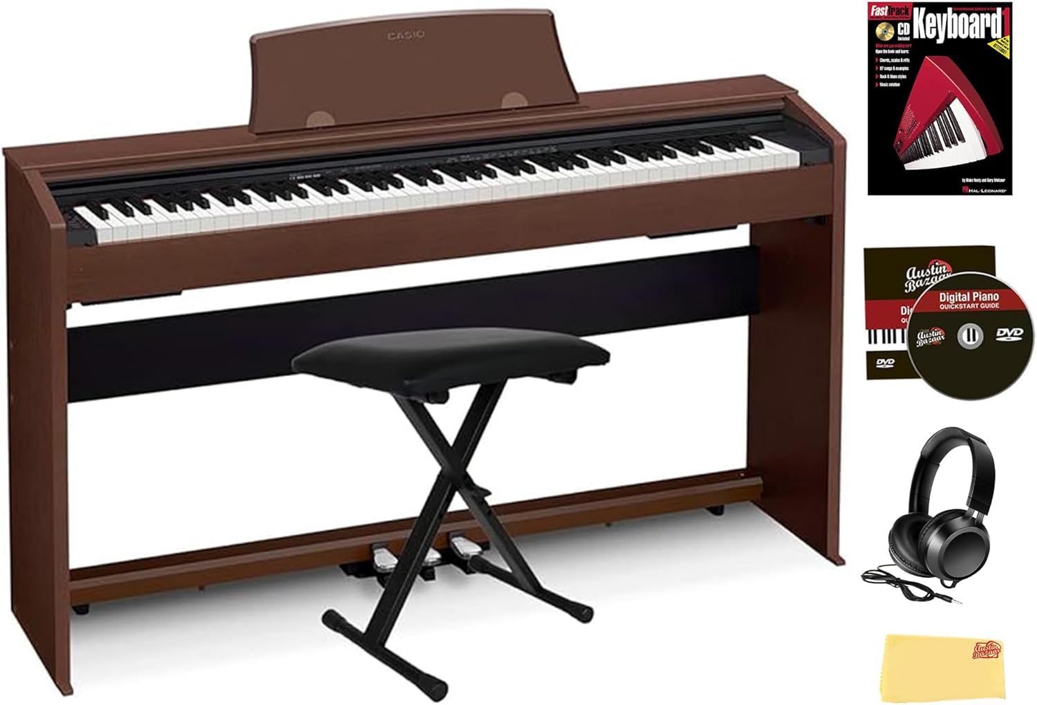 Casio Privia PX-770 Digital Piano - Brown Bundle with Adjustable Bench, Headphones, Piano Book, Online Piano Lessons, Instructional DVD, and Austin Bazaar Polishing Cloth