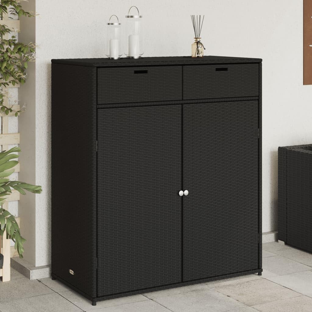 Large Black Outdoor Garden Storage Cabinet for Patio Deck, Weatherproof Poly Rattan Tool Box, Modern Waterproof Deck Storage for Yard