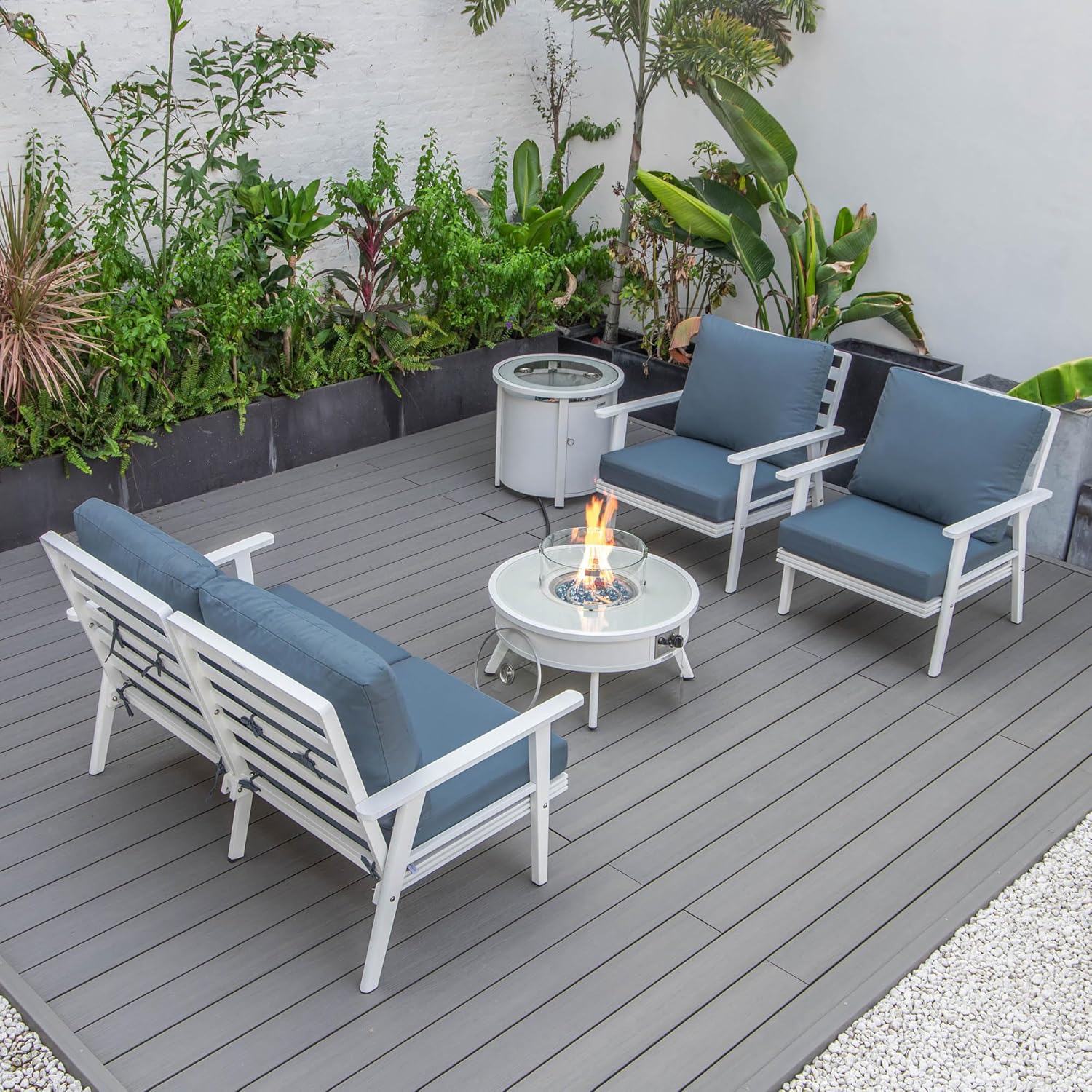 LeisureMod Walbrooke Modern Aluminum 5-Piece Patio Conversation Set with Outdoor Round Firepit Side Table Tank Holder, Navy Blue