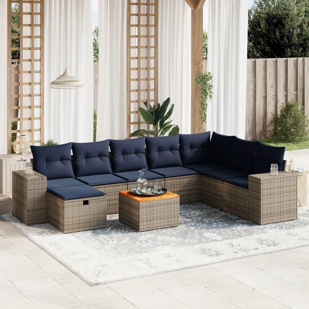 9 Piece Patio Sofa Set, Gray Poly Rattan Outdoor Furniture with Cushions, Acacia Wood Tabletop, Modular Design for Backyard Terrace