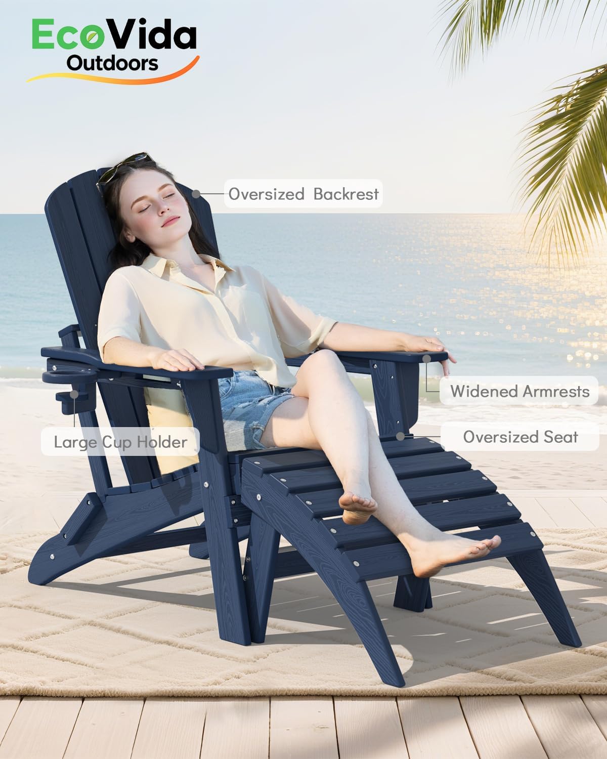 Upgraded Folding Adirondack Chair with All-Weather Cup Holder-EcoVida, Premium Wood Grain Texture, HDPE Waterproof, Suitable for Fire Pit, Patio, Porch, Navy