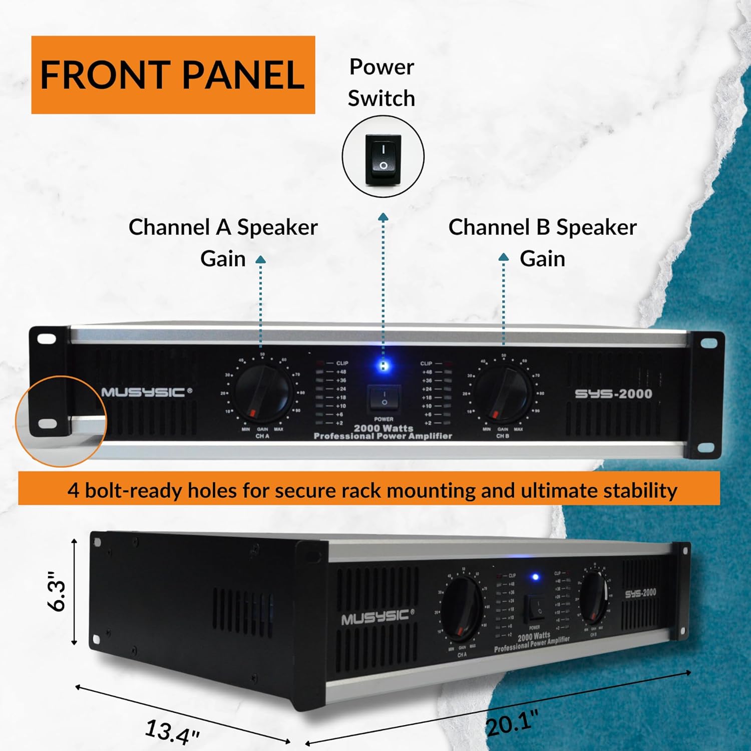 MUSYSIC Stereo Audio Amplifier-2000Watts Amplifier Audio- 2 Channel Power Amplifier System Home Theater Sound System 1/4 Inch Inputs
